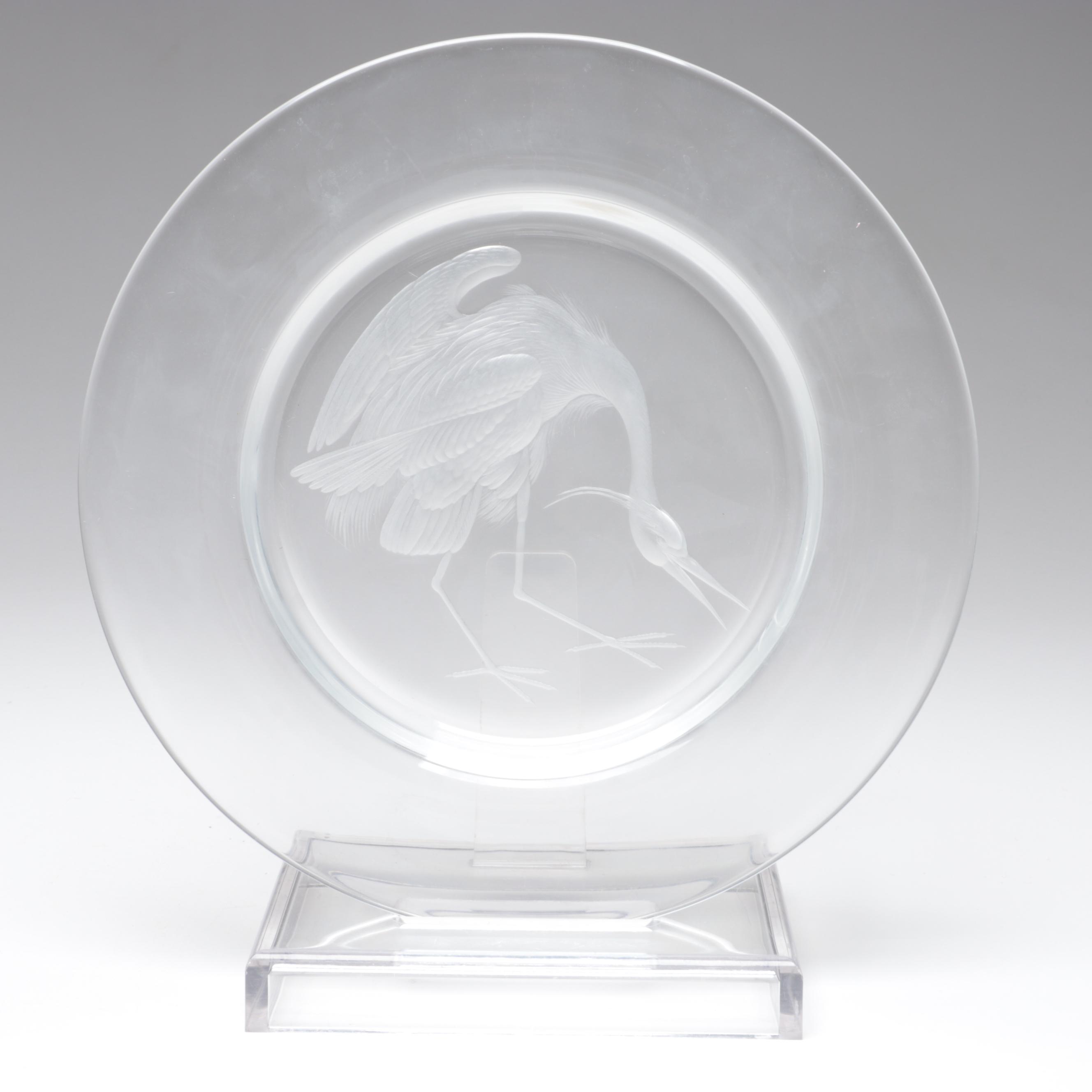 Steuben Art Glass "Audubon Birds" Clear Engraved Plates, Mid to Late 20th C.
