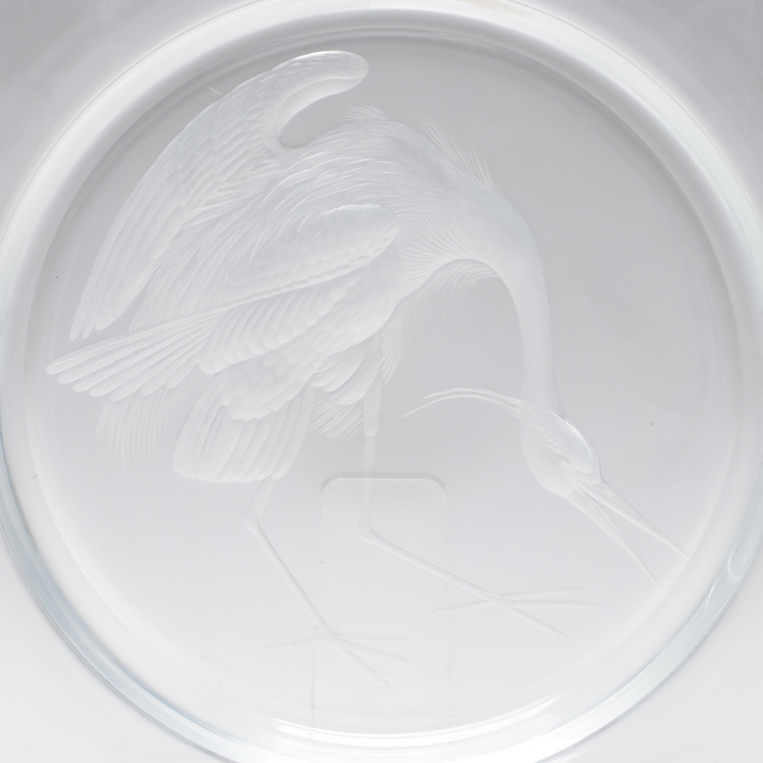 Steuben Art Glass "Audubon Birds" Clear Engraved Plates, Mid to Late 20th C.