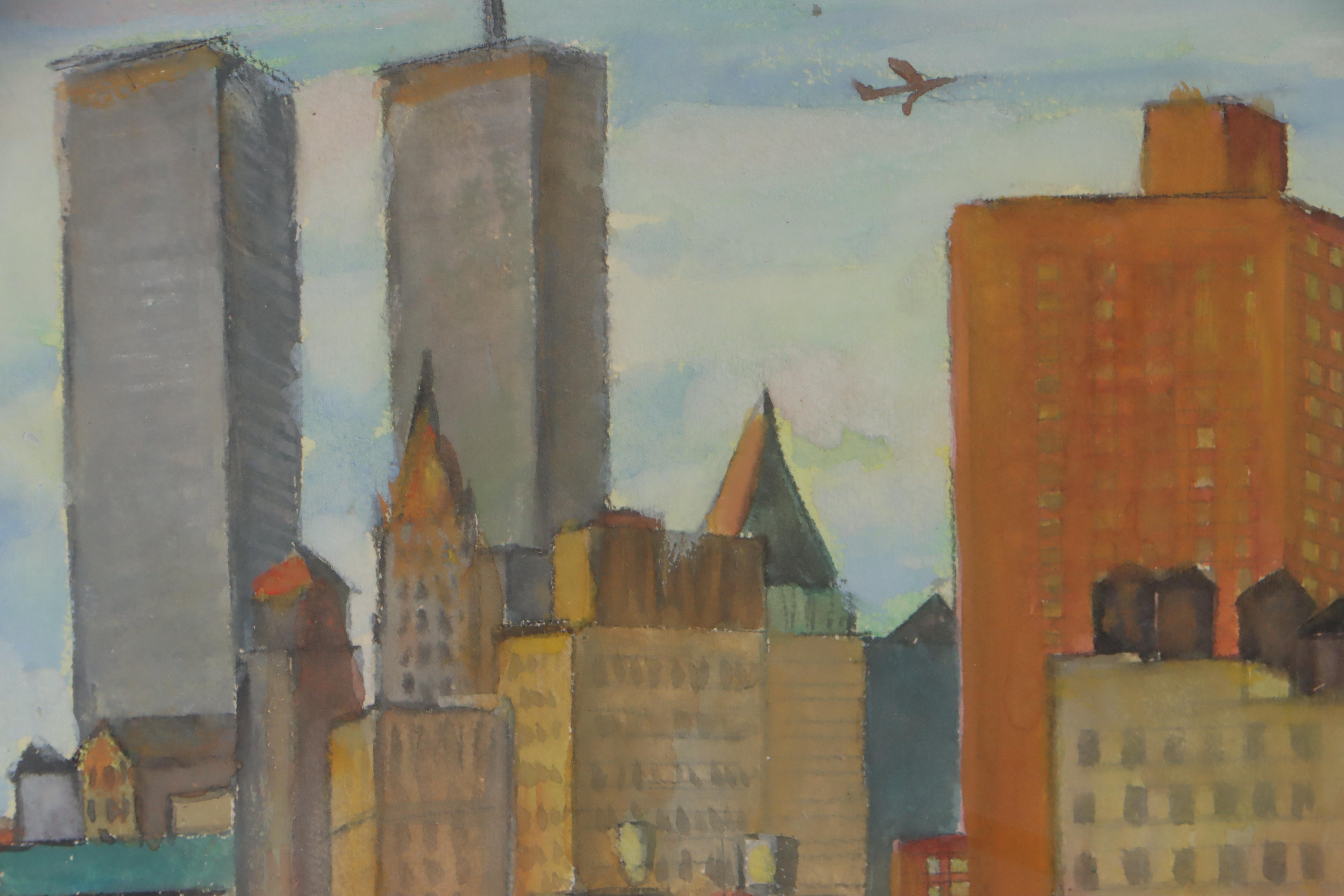 Samuel Kaplan Watercolor Painting of New York City With Air Balloon, 1996