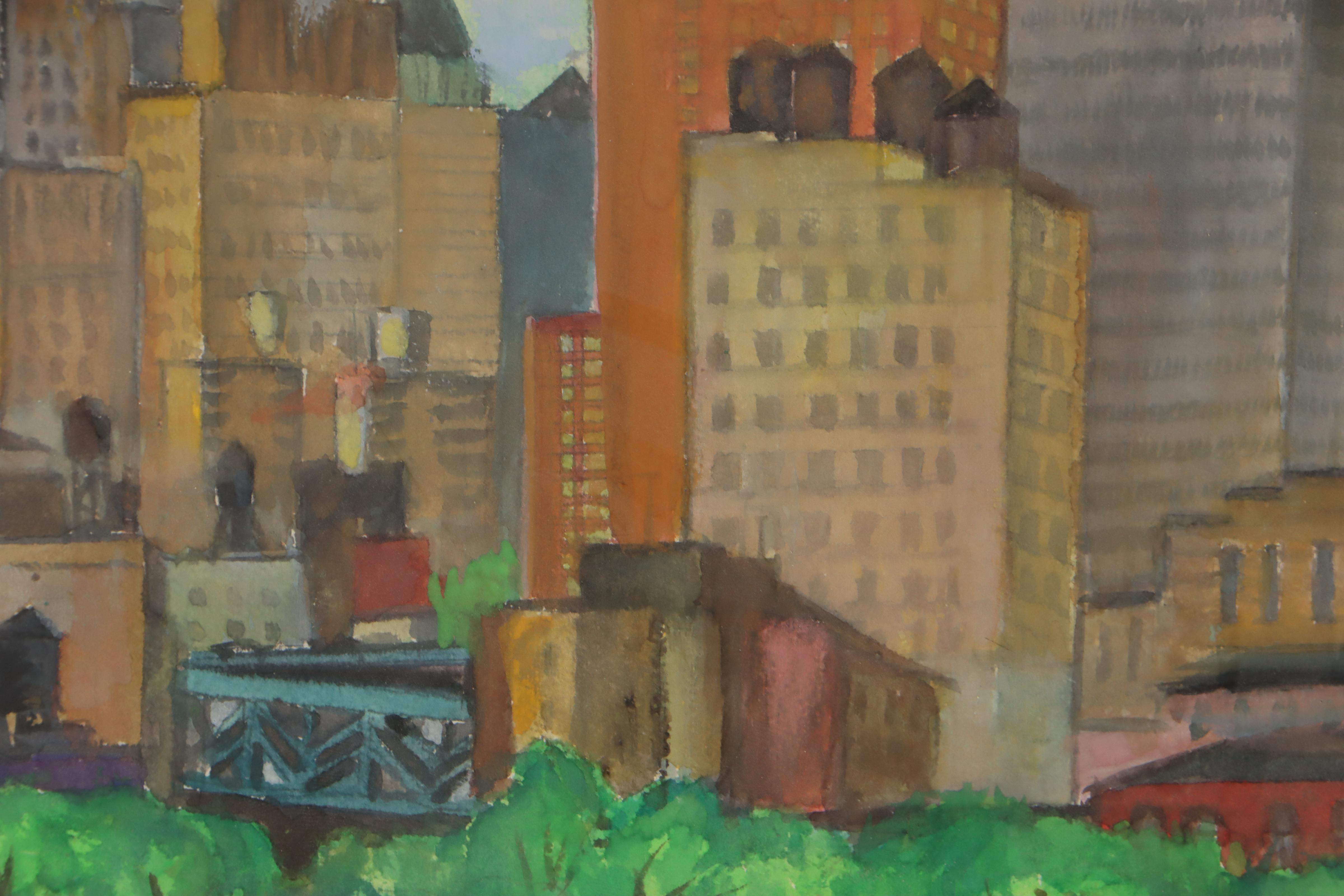 Samuel Kaplan Watercolor Painting of New York City With Air Balloon, 1996