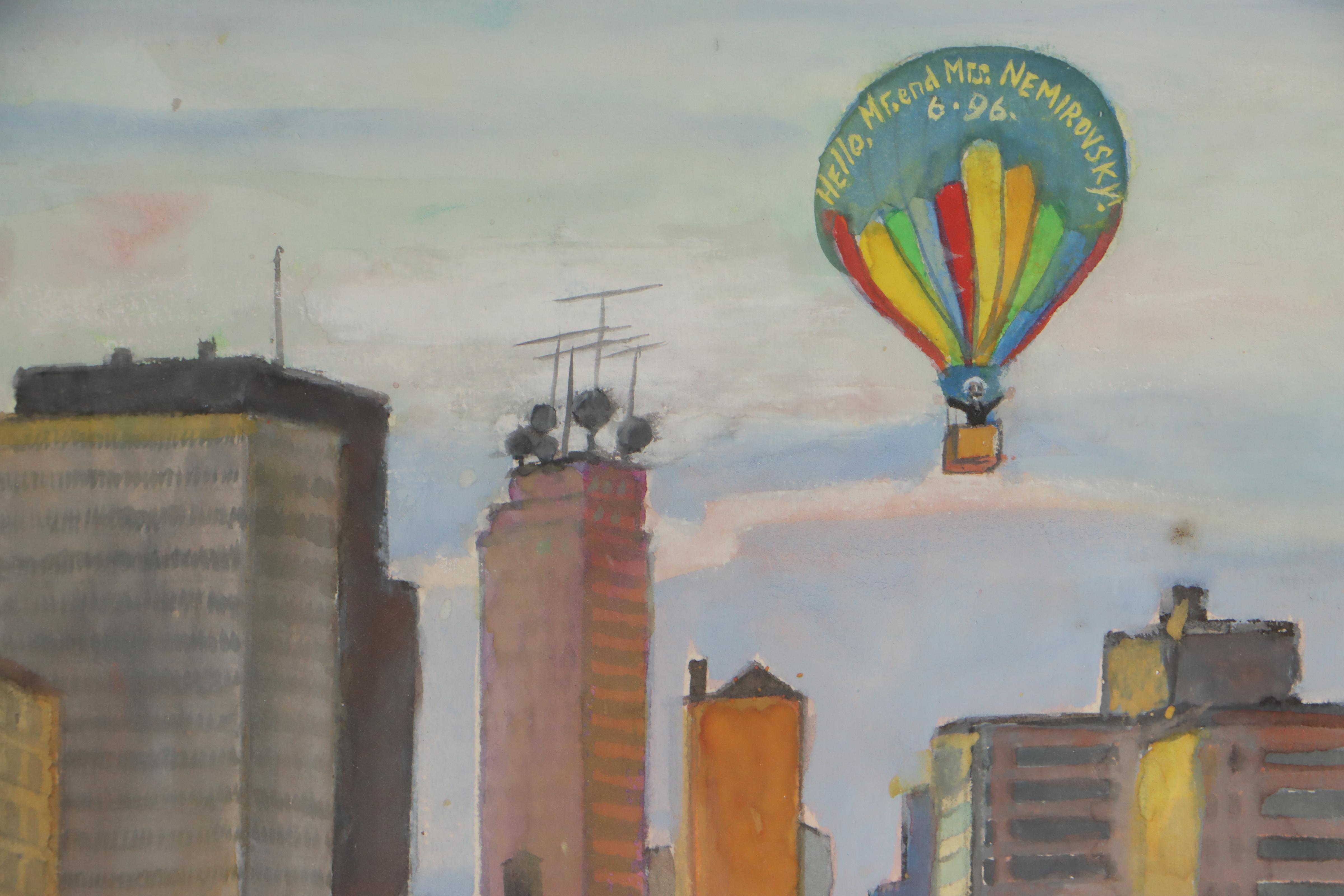 Samuel Kaplan Watercolor Painting of New York City With Air Balloon, 1996
