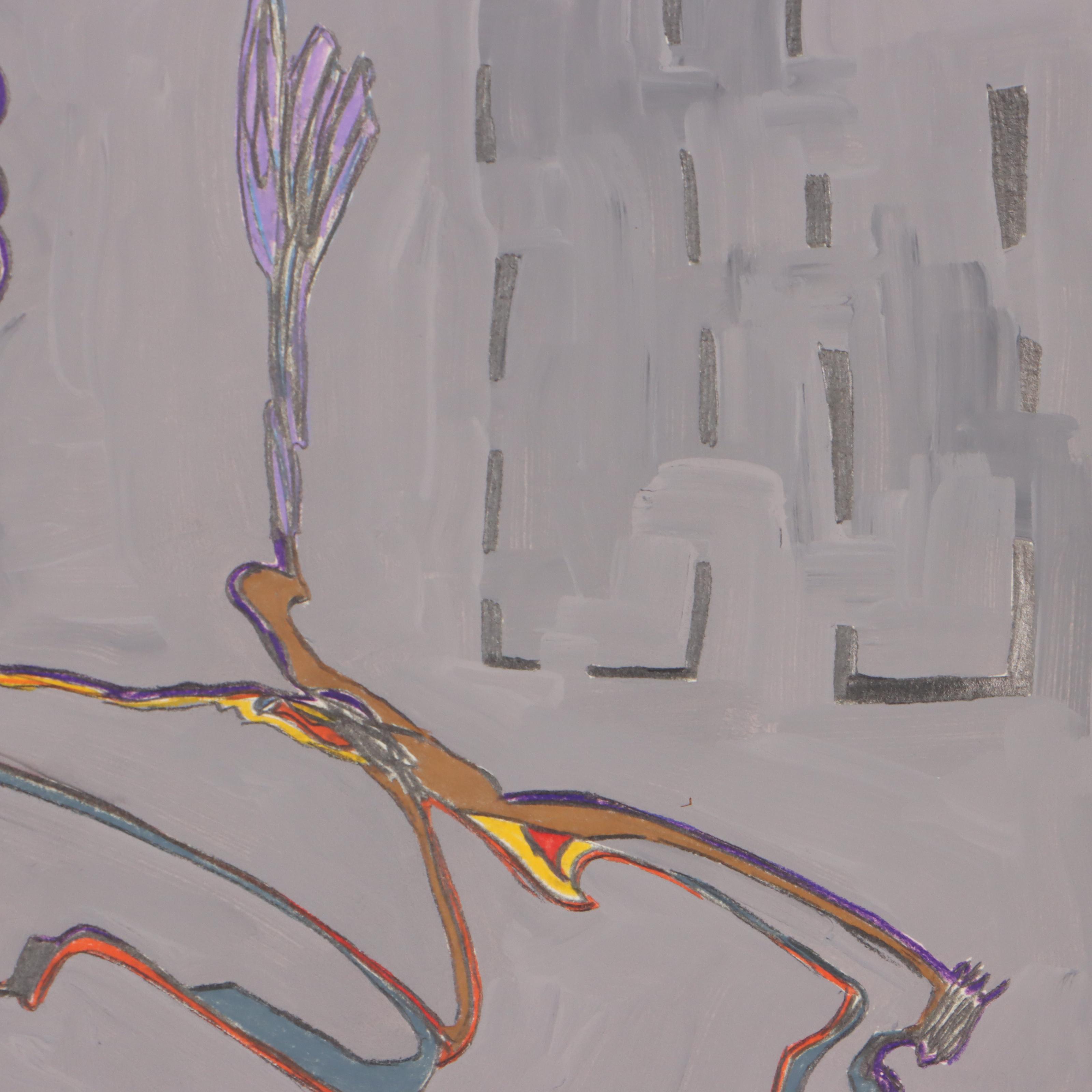 Harry Hilson Abstract Biomorphic Mixed Media Painting, Circa 1982