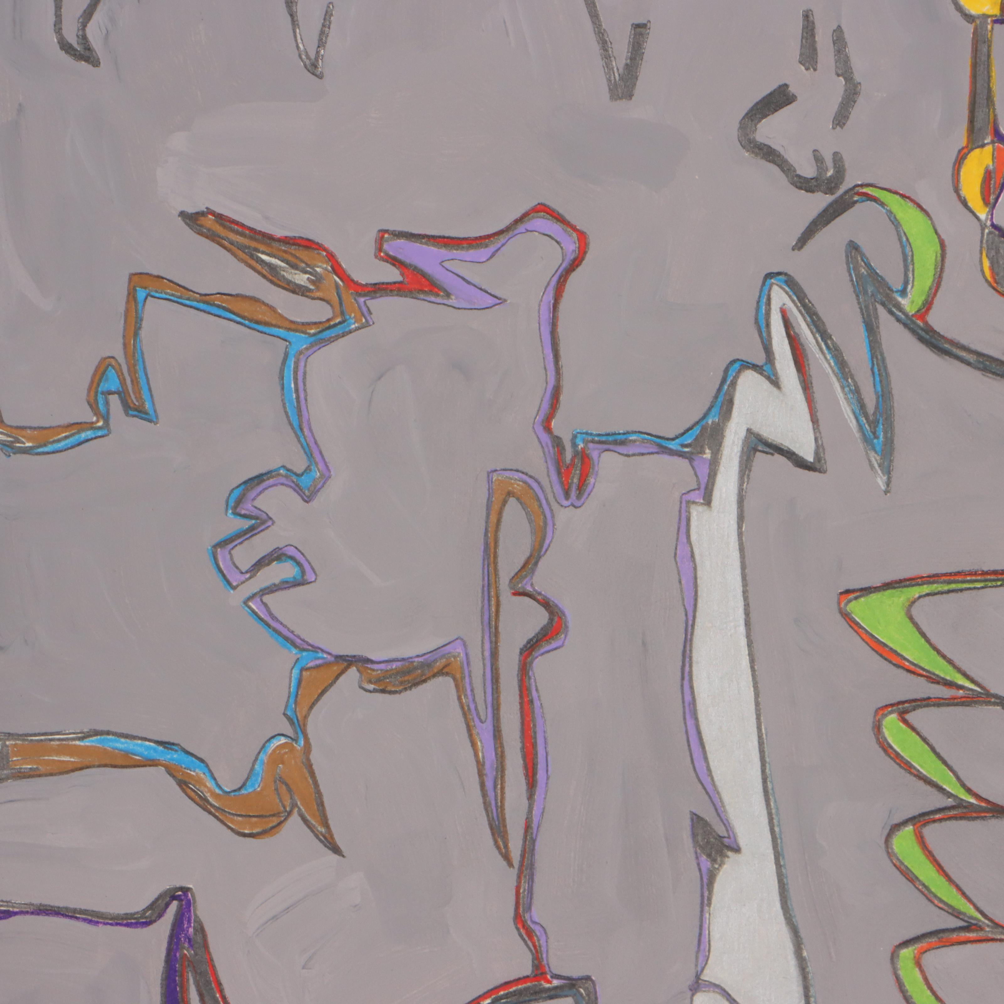 Harry Hilson Abstract Biomorphic Mixed Media Painting, Circa 1982