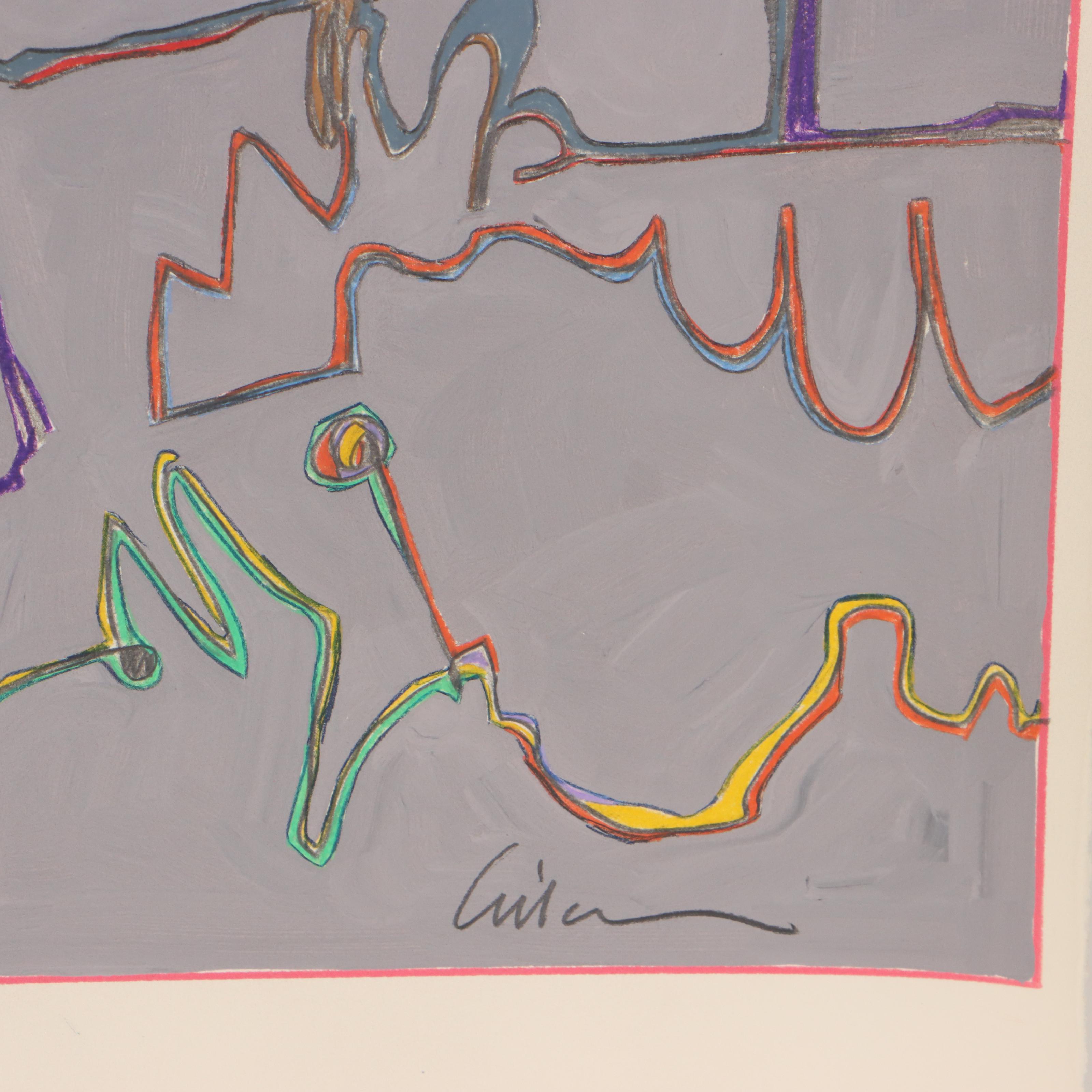 Harry Hilson Abstract Biomorphic Mixed Media Painting, Circa 1982