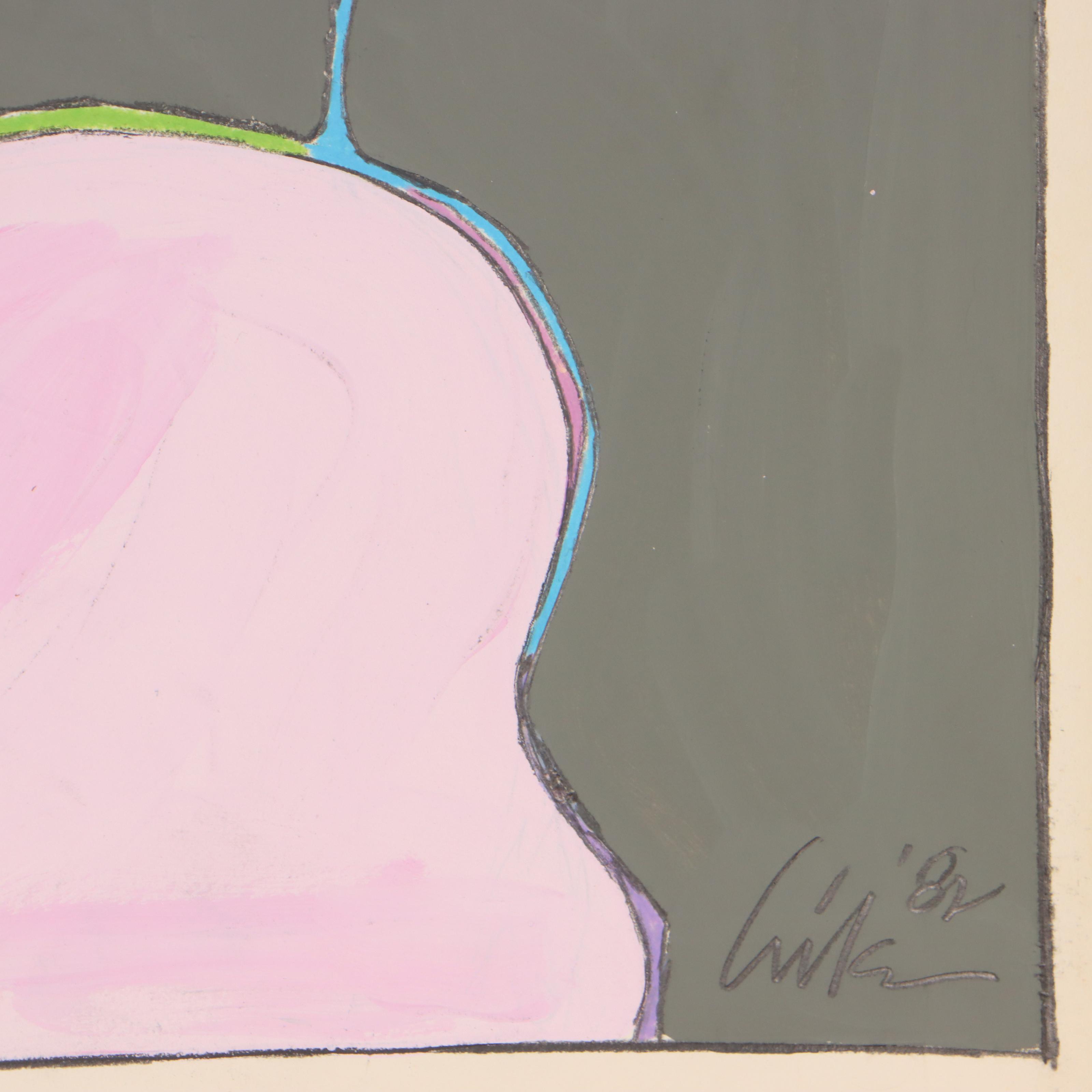 Harry Hilson Abstract Biomorphic Mixed Media Painting, 1982