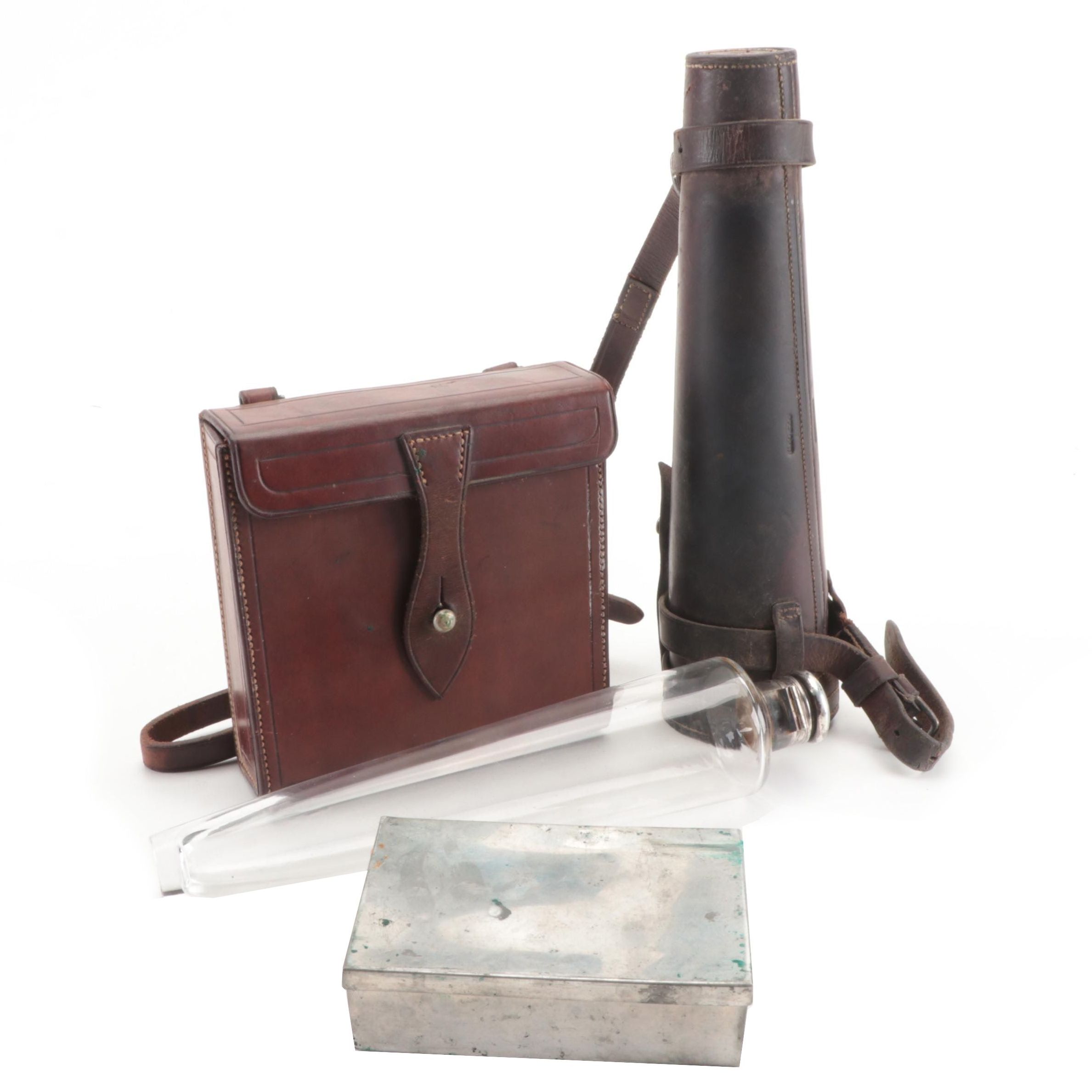 British Hunting Canteen Sandwich Bag and Glass Riding Flask with Leather Case