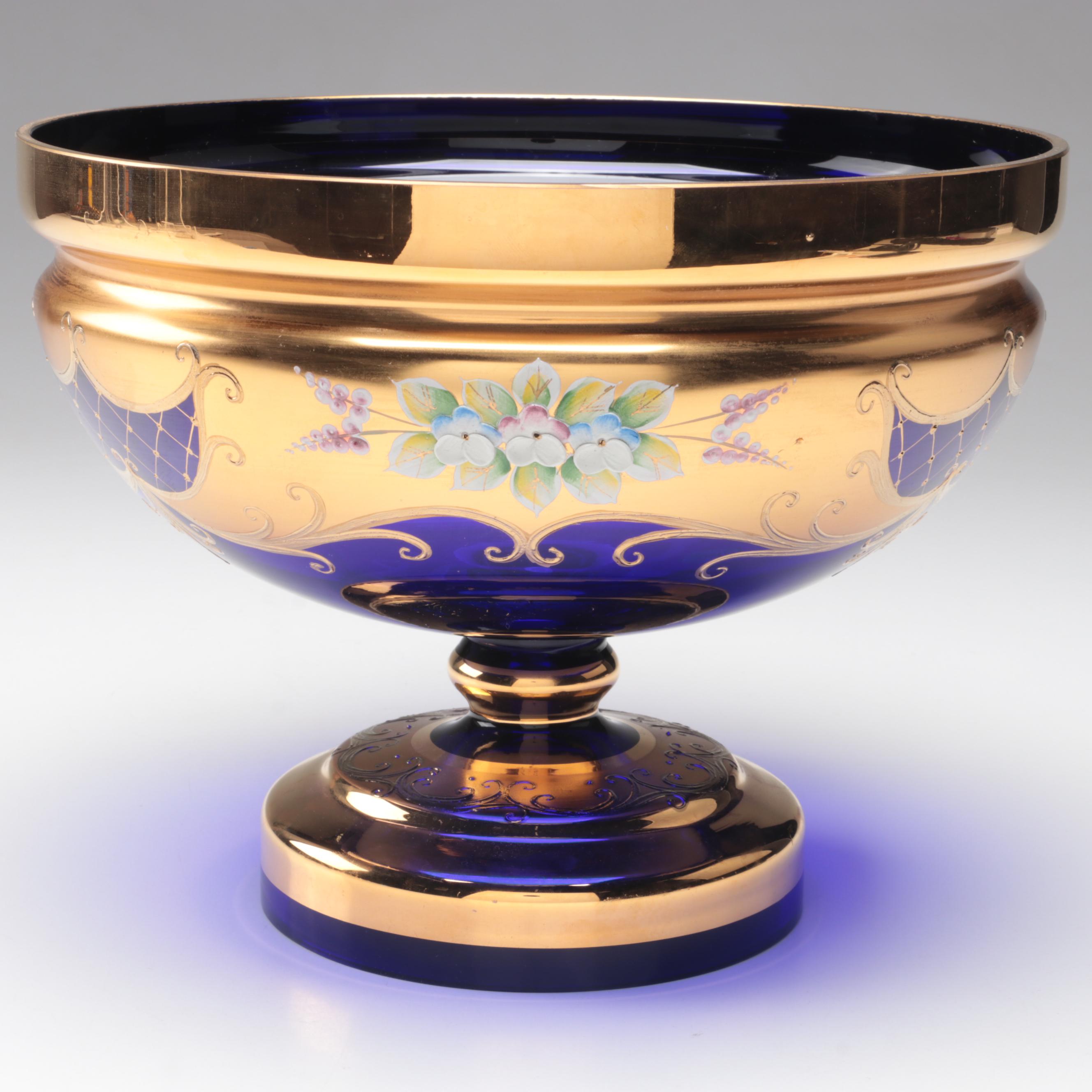 Crystalex Bohemian Gilt and Enameled Floral Cobalt Blue Czech Art Glass Bowl
