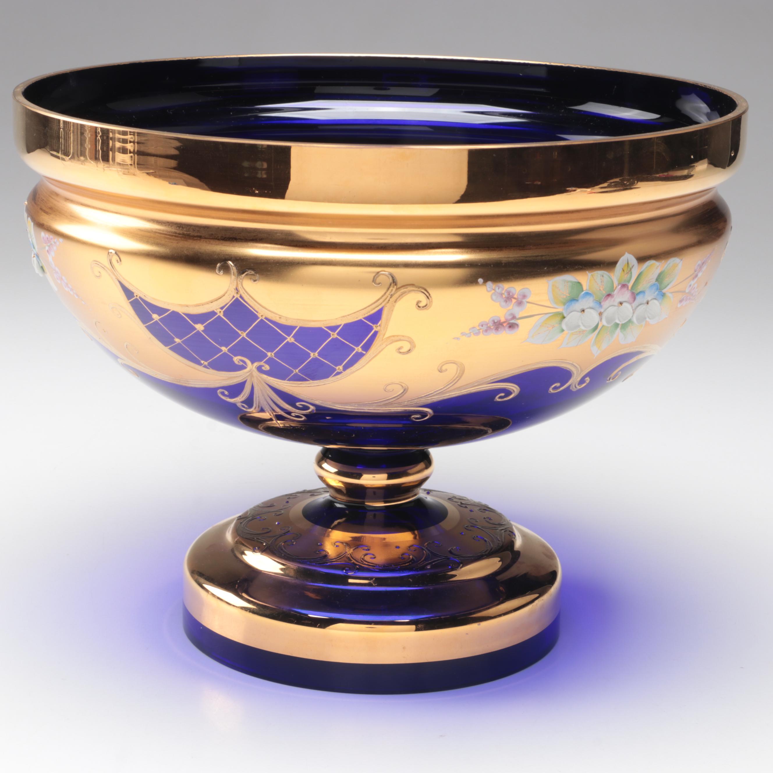 Crystalex Bohemian Gilt and Enameled Floral Cobalt Blue Czech Art Glass Bowl