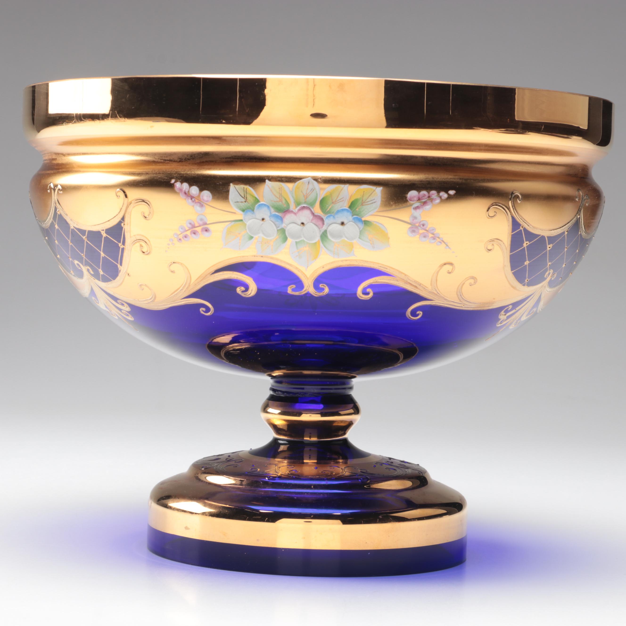 Crystalex Bohemian Gilt and Enameled Floral Cobalt Blue Czech Art Glass Bowl