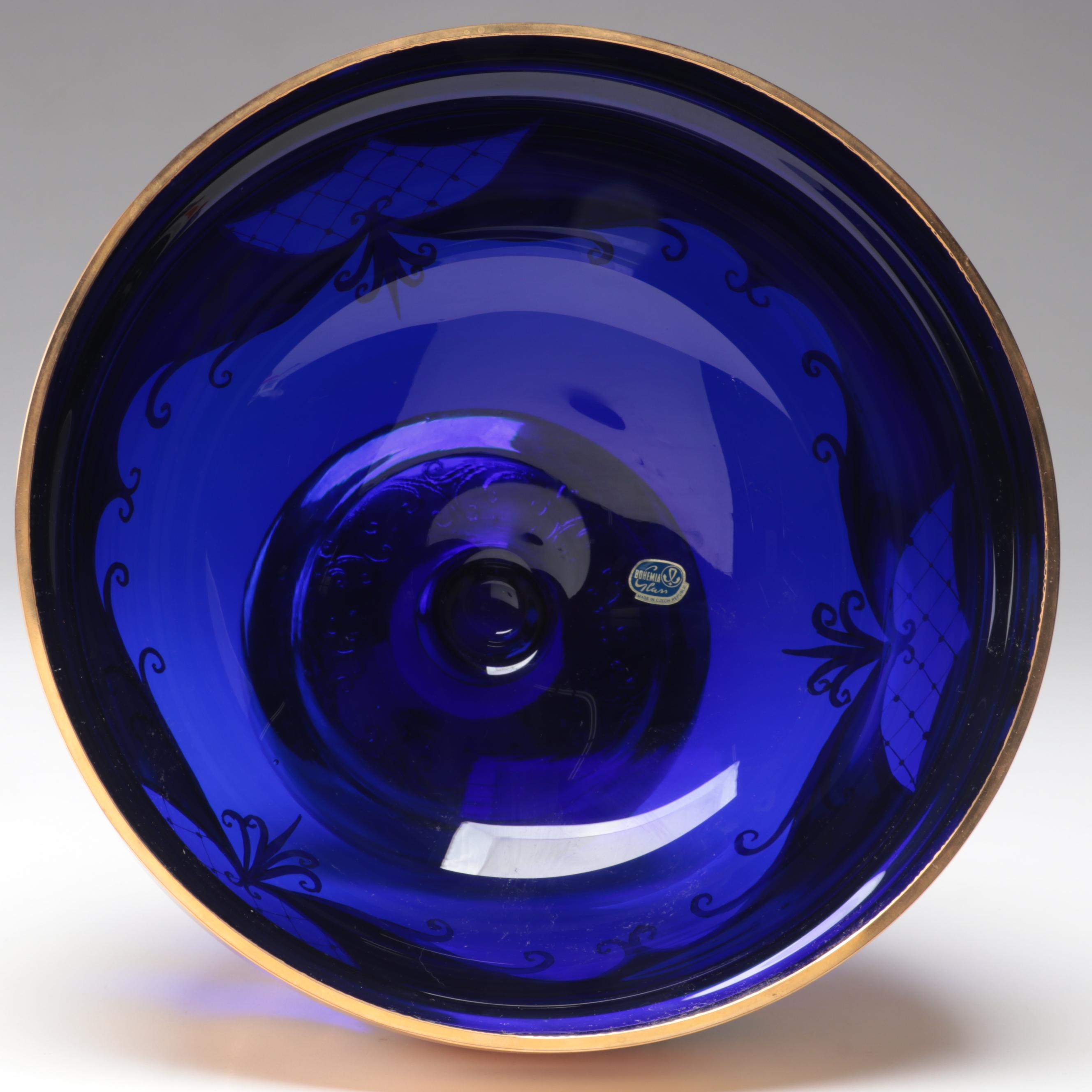 Crystalex Bohemian Gilt and Enameled Floral Cobalt Blue Czech Art Glass Bowl