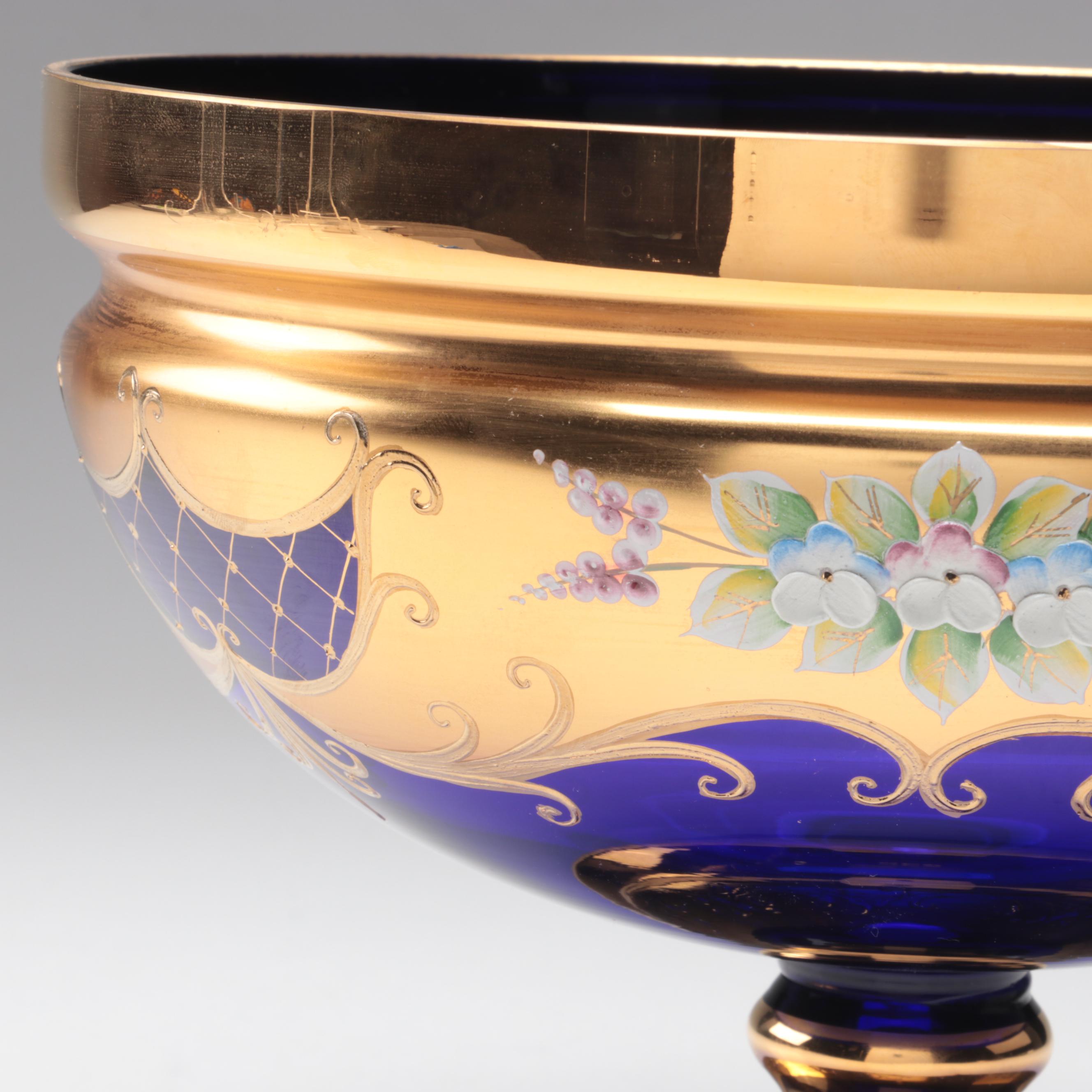 Crystalex Bohemian Gilt and Enameled Floral Cobalt Blue Czech Art Glass Bowl