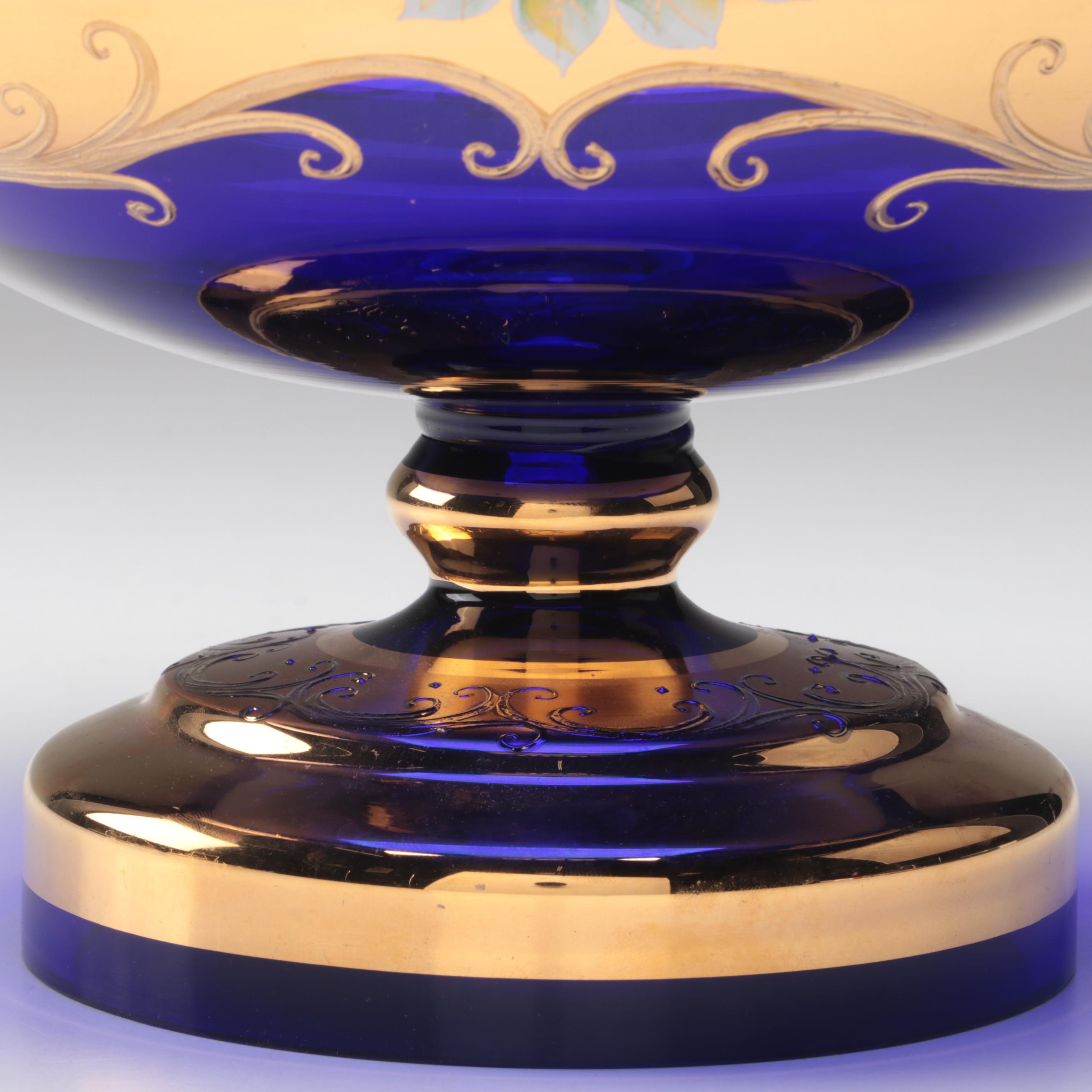 Crystalex Bohemian Gilt and Enameled Floral Cobalt Blue Czech Art Glass Bowl