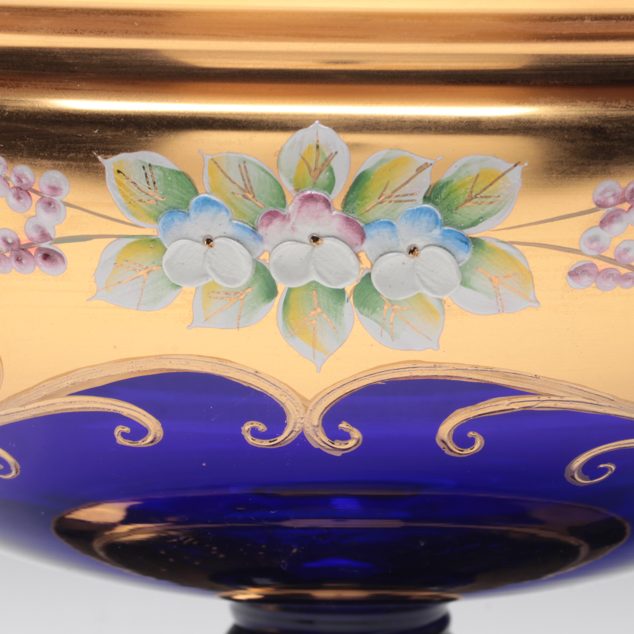 Crystalex Bohemian Gilt and Enameled Floral Cobalt Blue Czech Art Glass Bowl