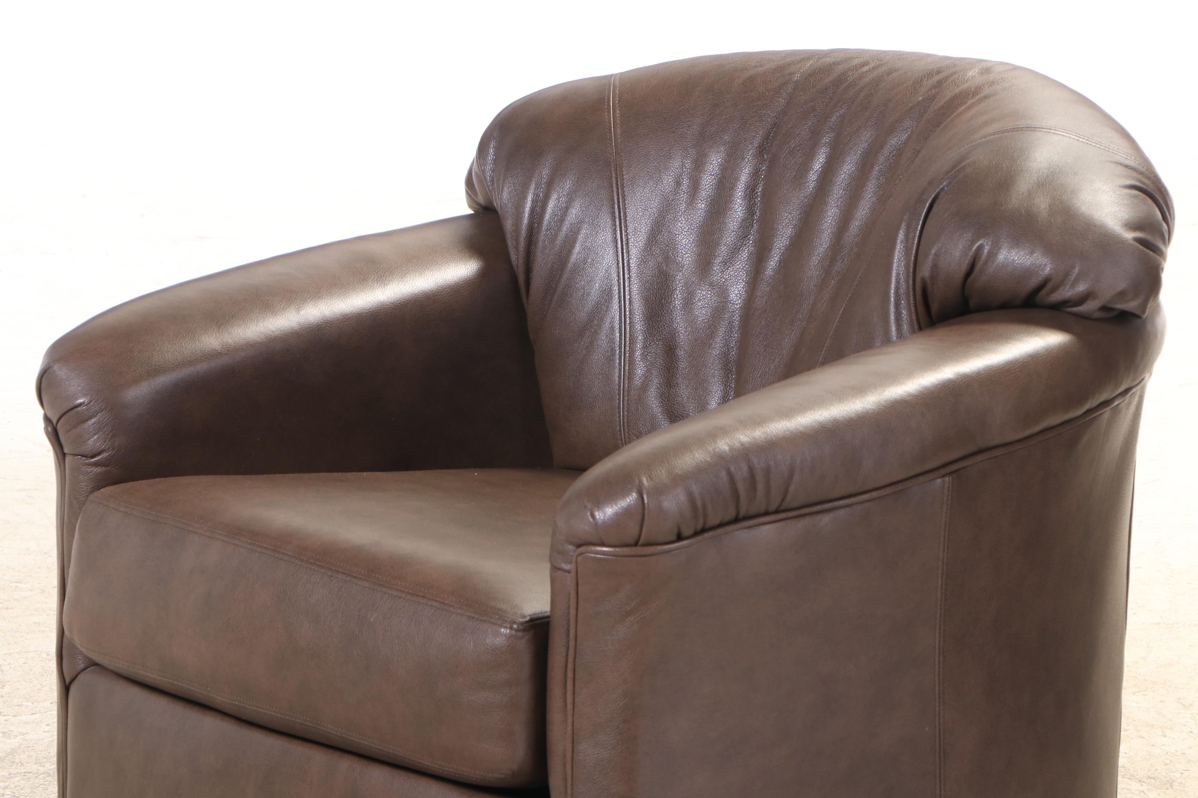Contemporary Brown Leather Upholstered Swivel Rocker Lounge Chair