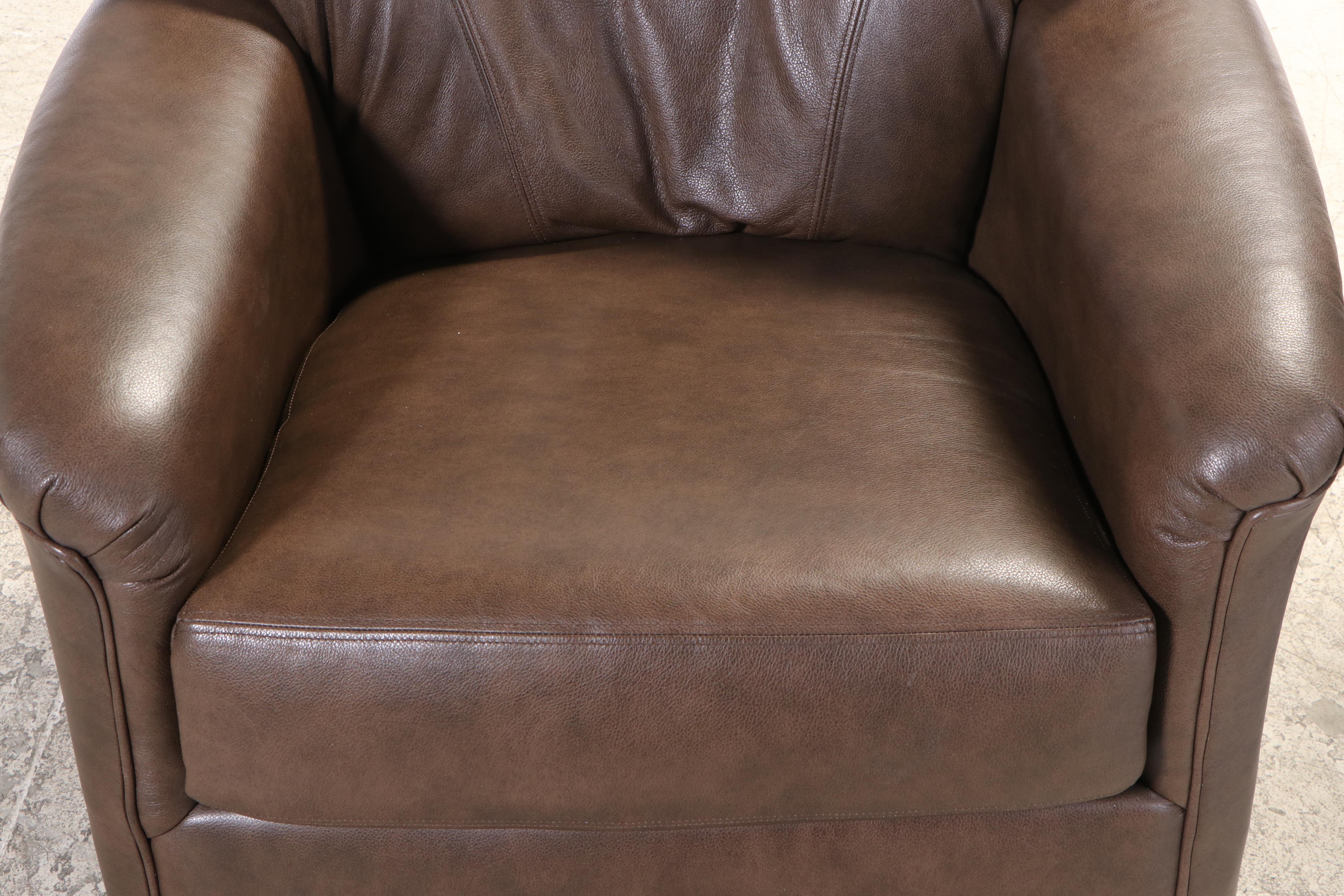 Contemporary Brown Leather Upholstered Swivel Rocker Lounge Chair