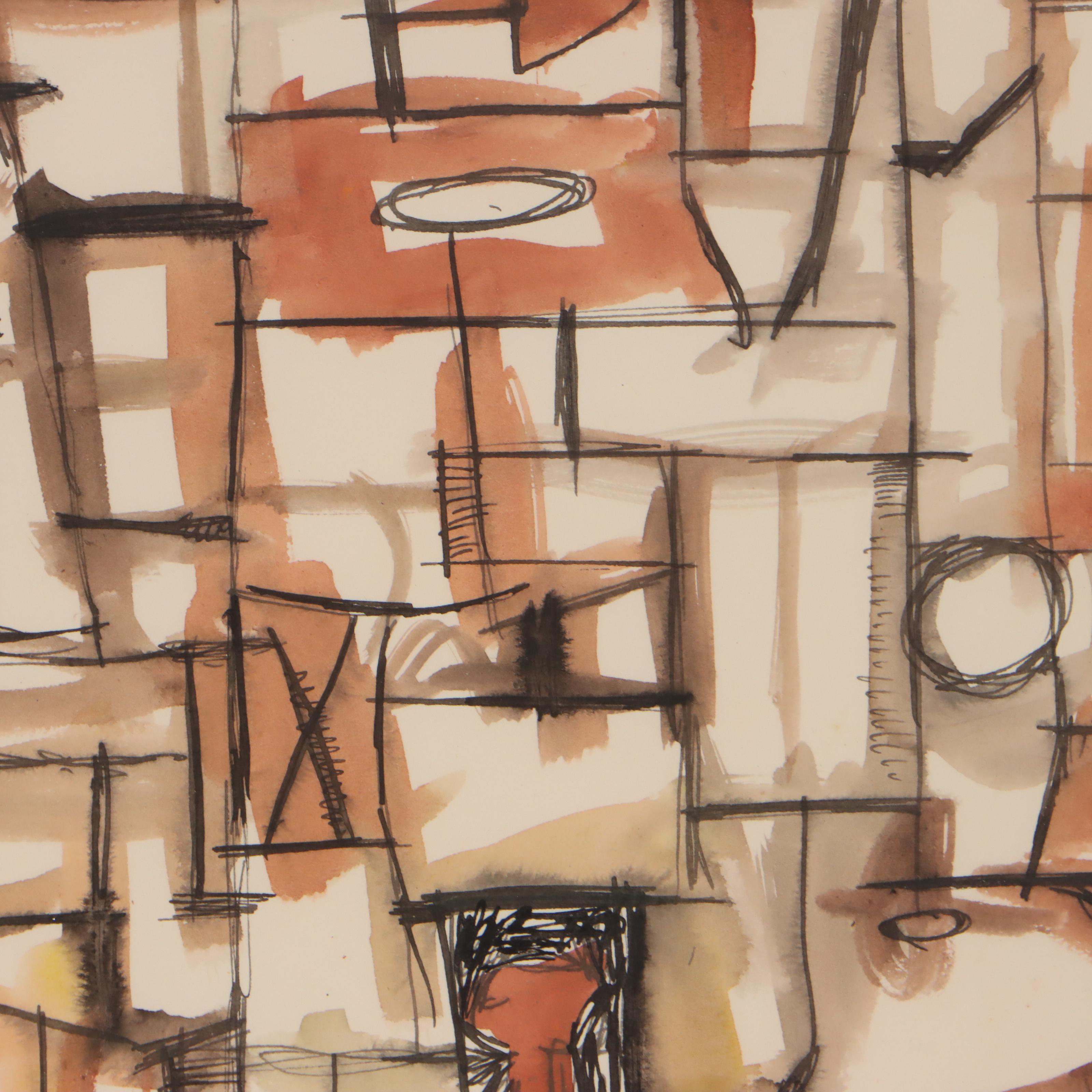 Harry Hilson Abstract Ink and Watercolor Painting, 1961