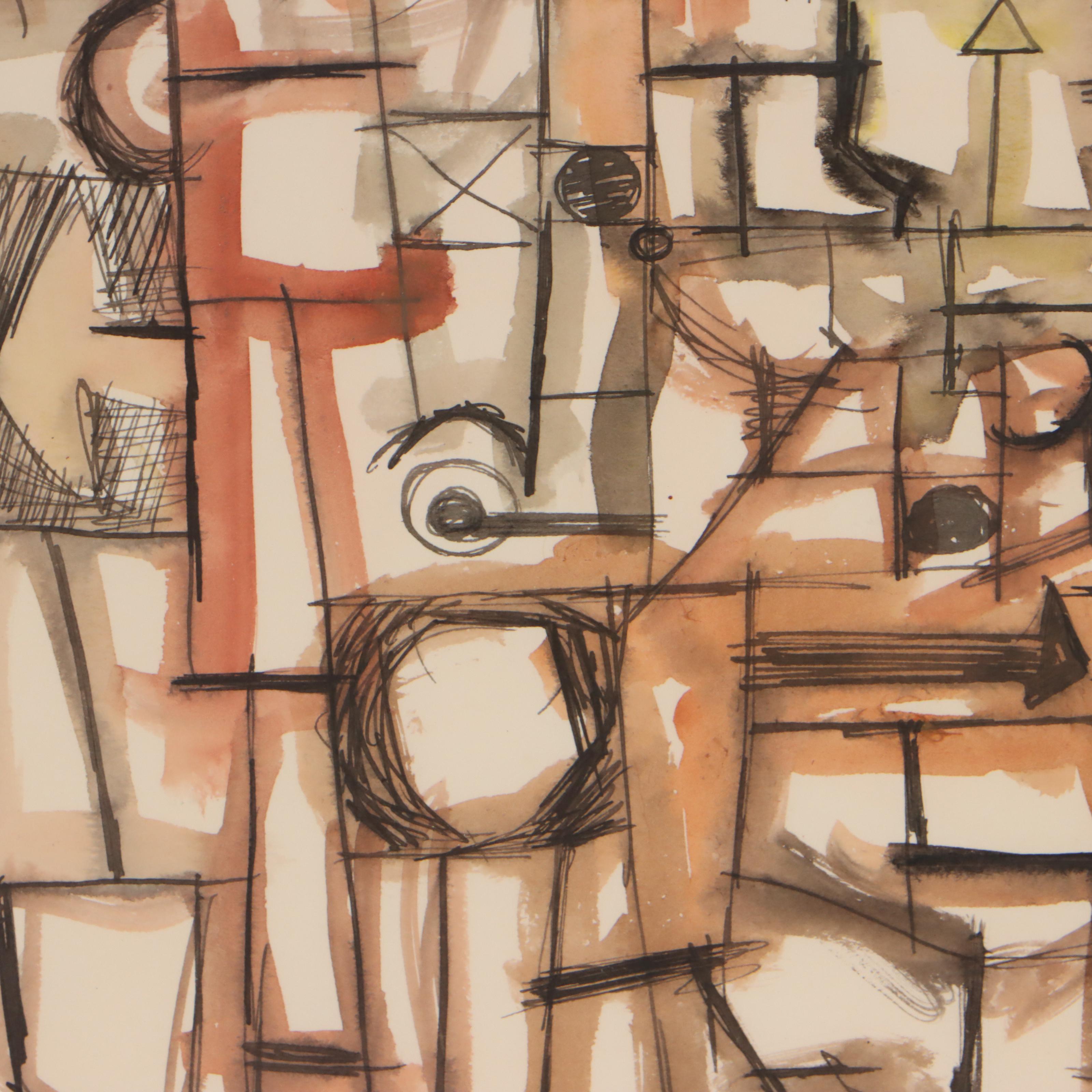 Harry Hilson Abstract Ink and Watercolor Painting, 1961