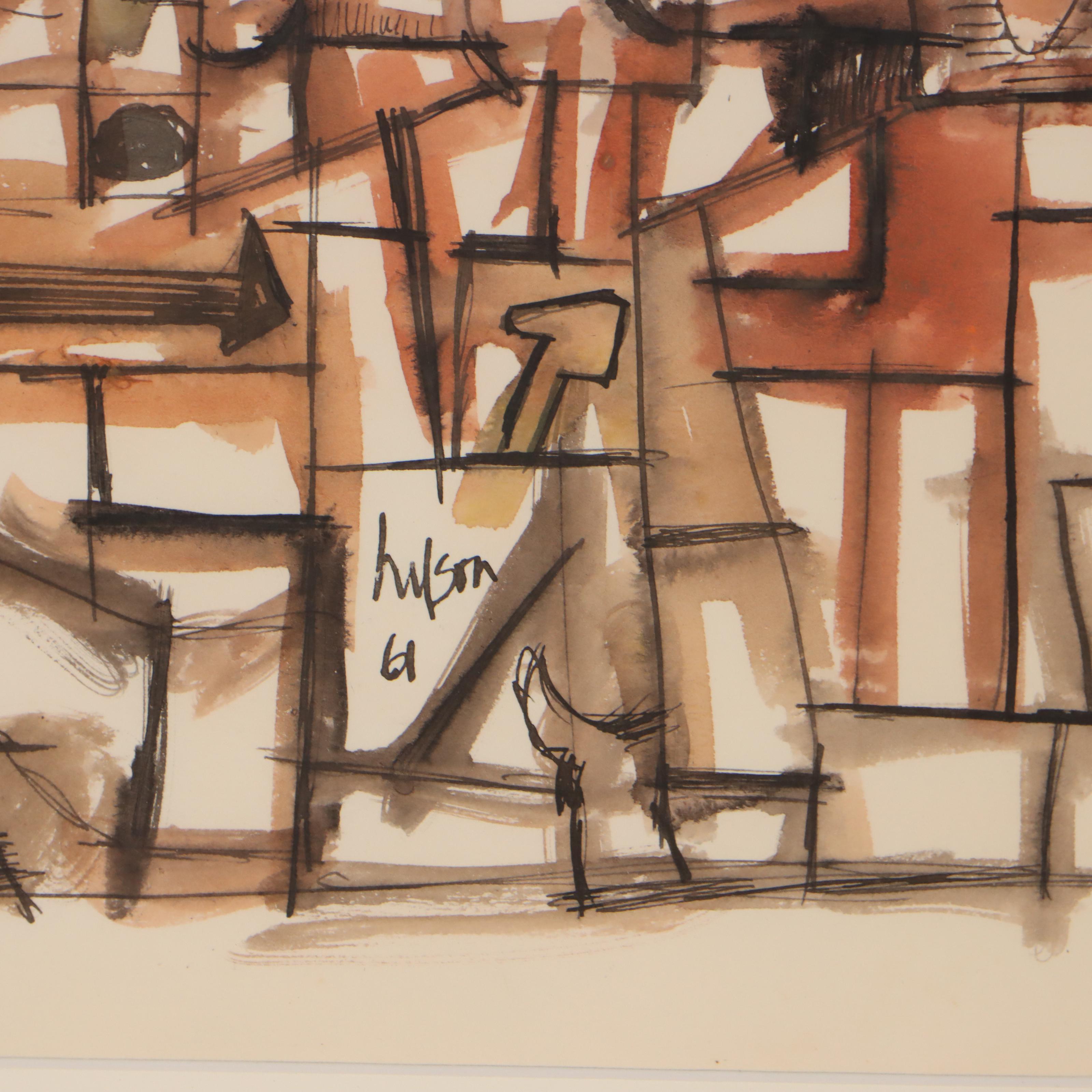 Harry Hilson Abstract Ink and Watercolor Painting, 1961