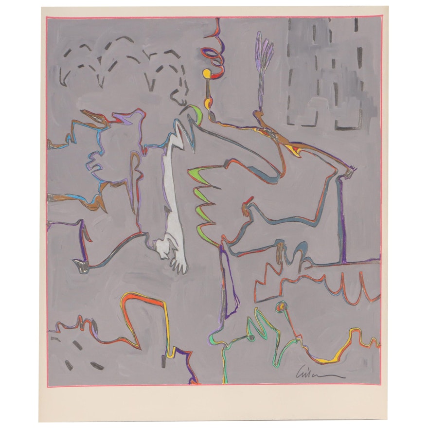 Harry Hilson Abstract Biomorphic Mixed Media Painting, Circa 1982