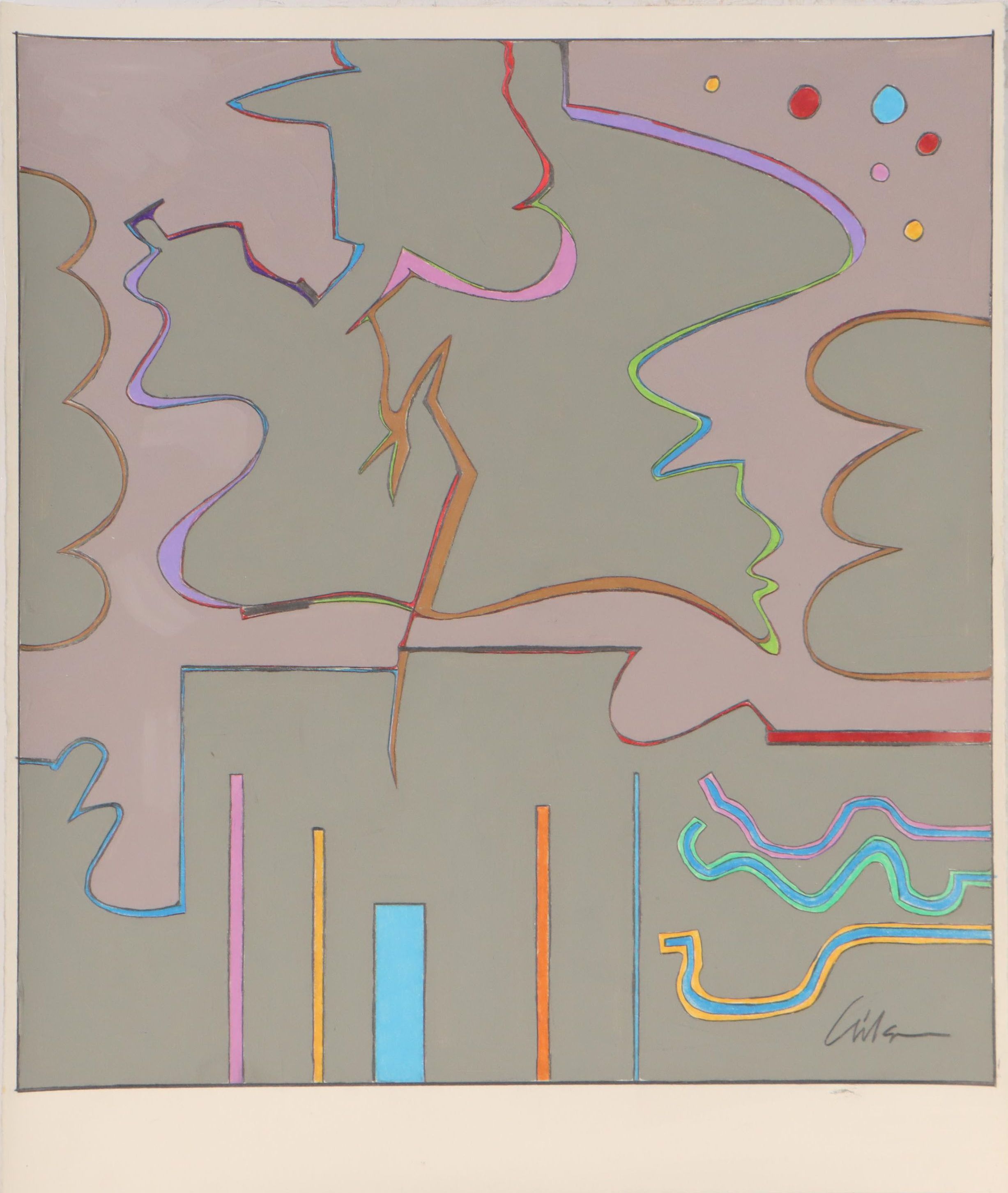 Harry Hilson Abstract Biomorphic Mixed Media Painting, Circa 1981