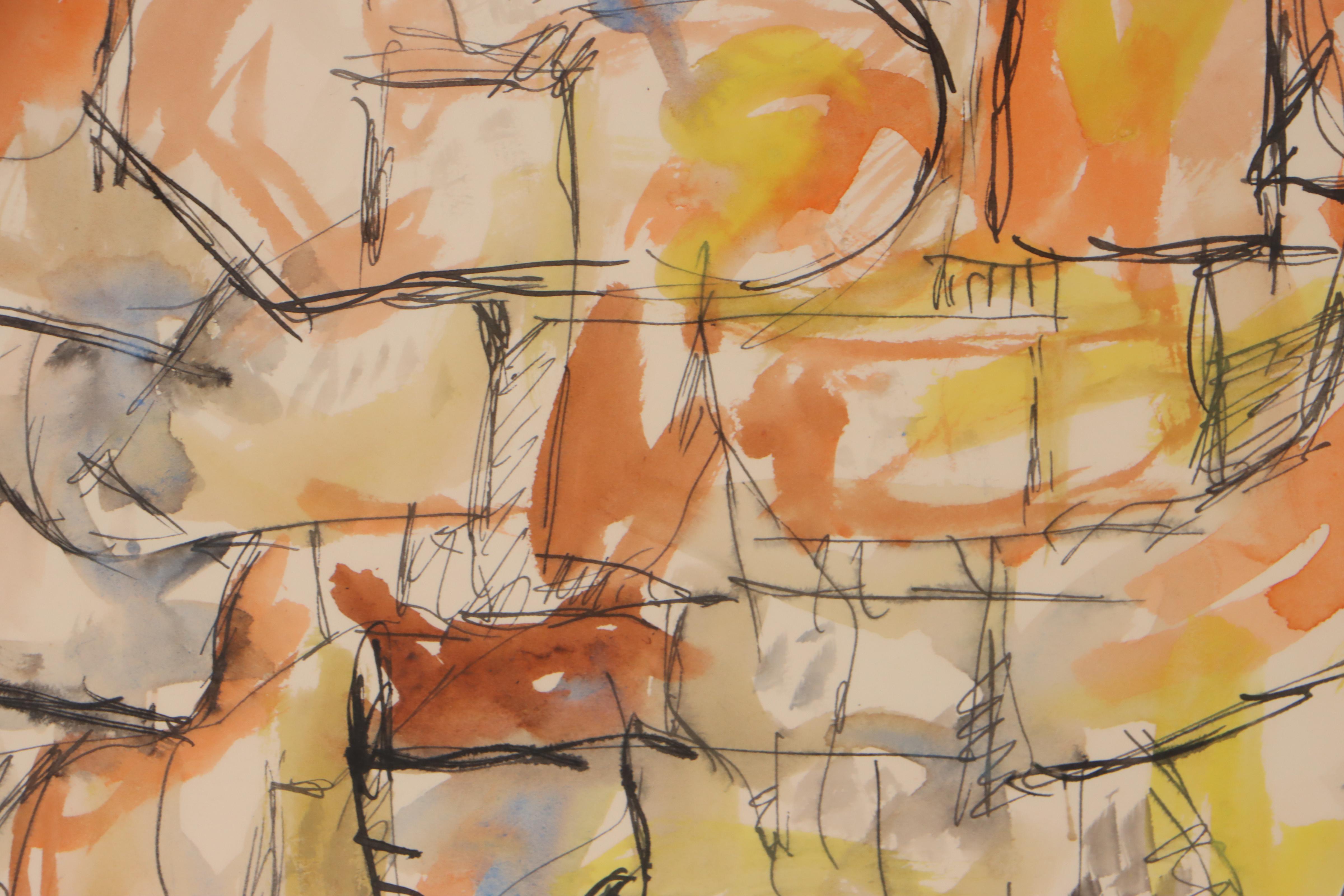 Harry Hilson Abstract Ink and Watercolor Painting