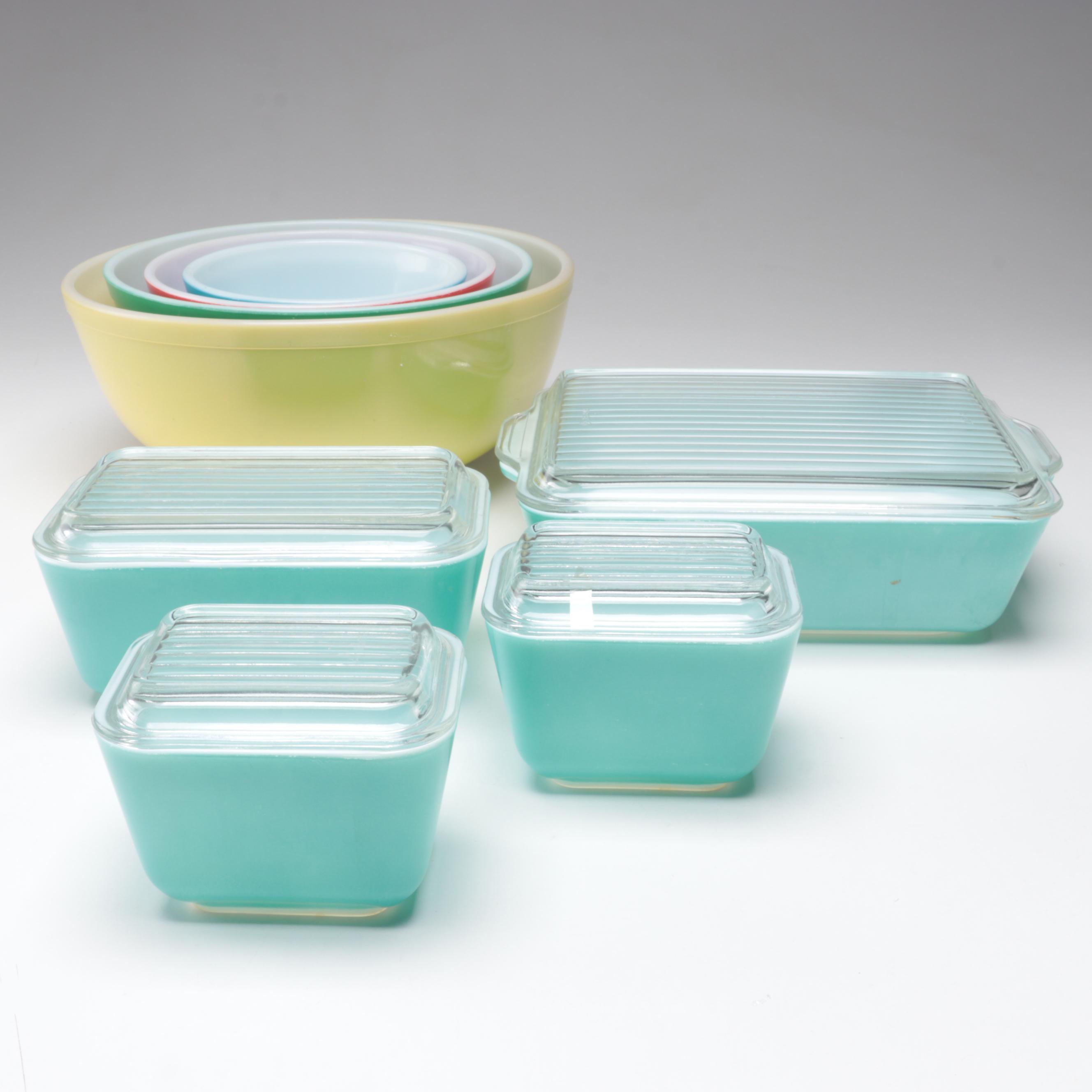 Pyrex "Primary Colors" Mixing Bowls with Pyrex Refrigerator Dishes