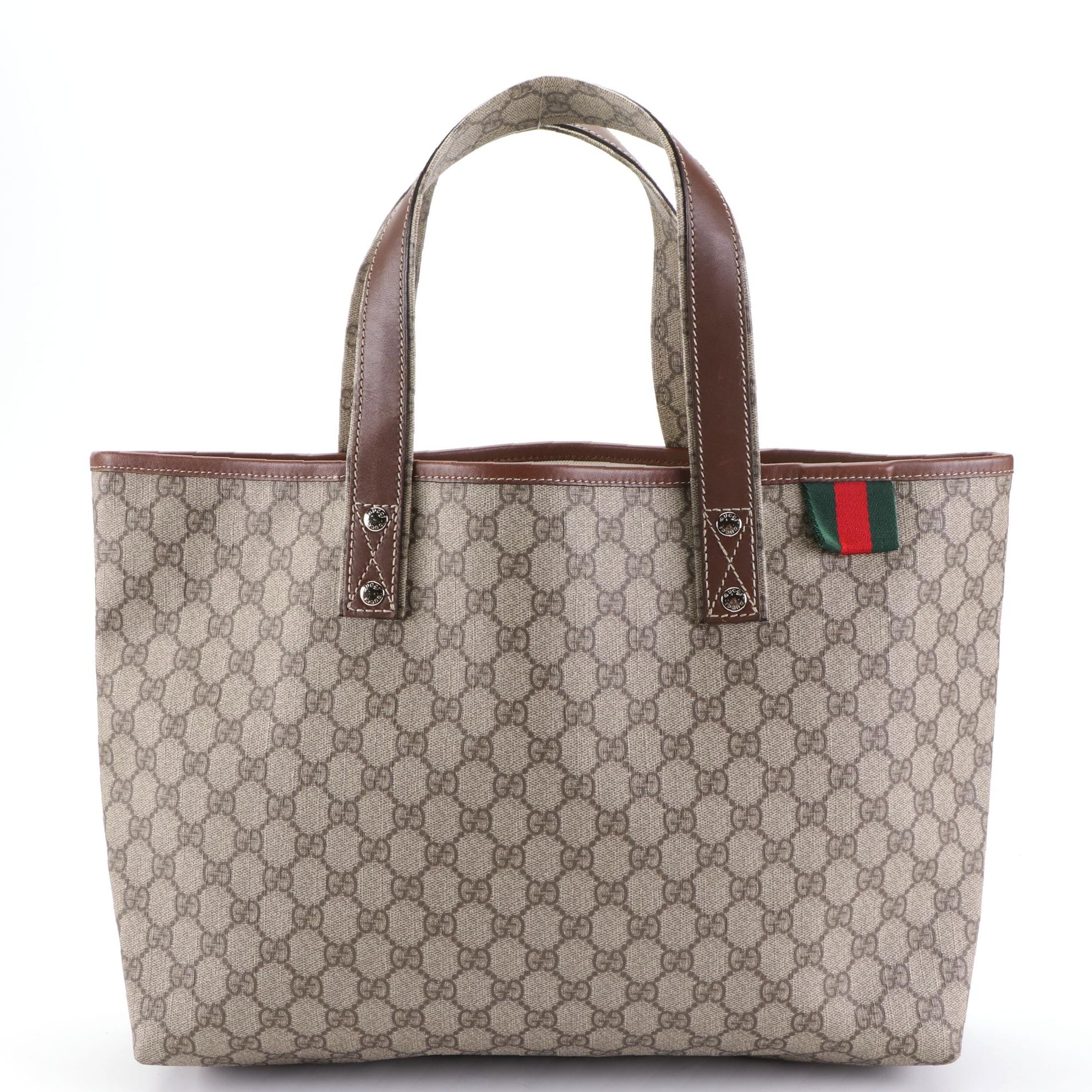 Gucci Tote in GG Supreme Canvas and Leather with Web Stripe Accent