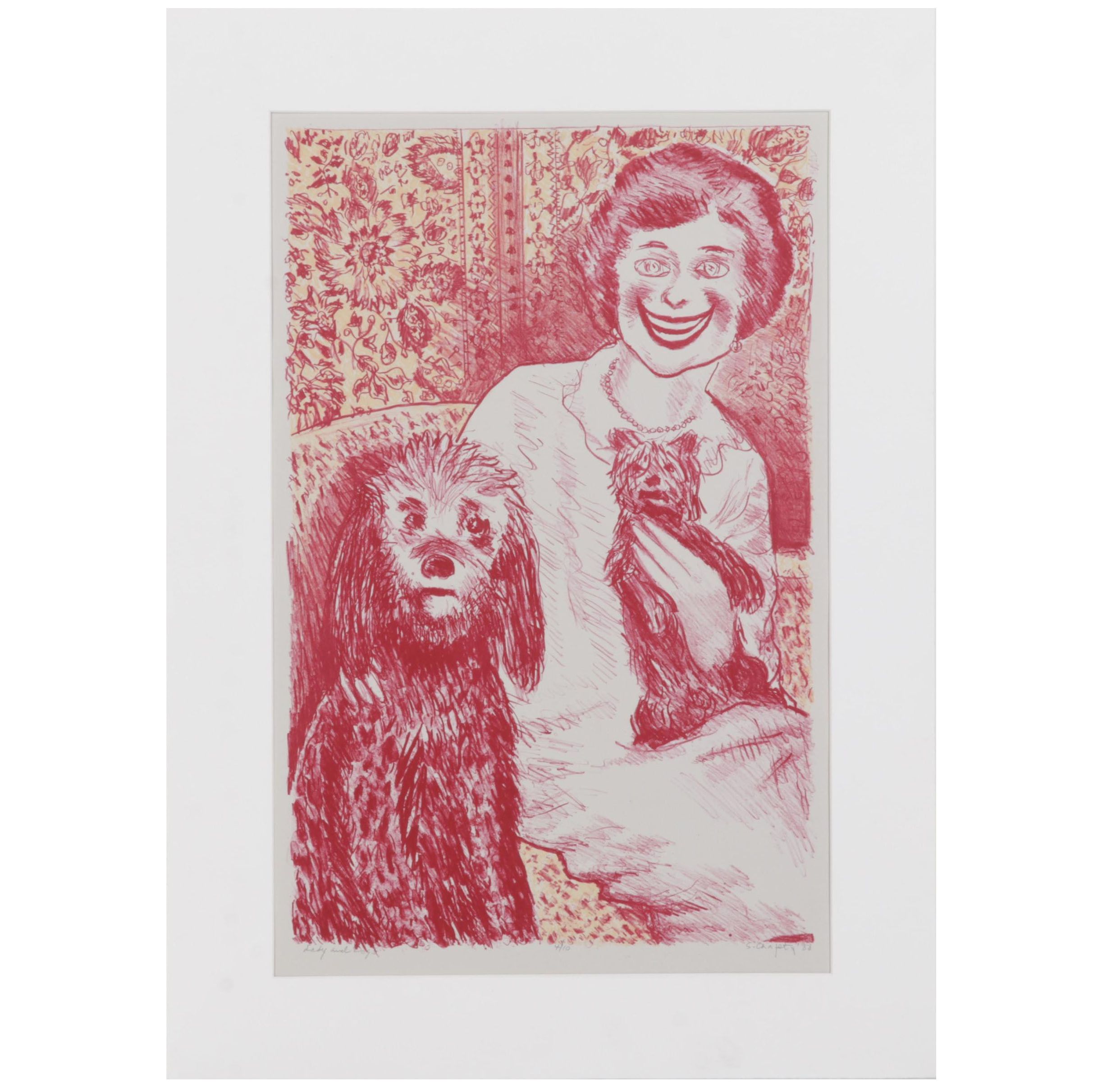 Sidney Chafetz Caricature Color Lithograph "Lady and Dogs," 1988