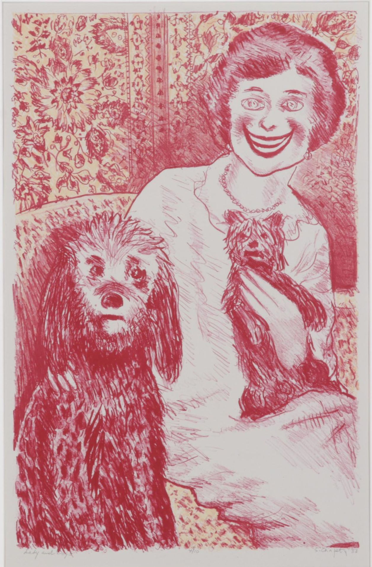 Sidney Chafetz Caricature Color Lithograph "Lady and Dogs," 1988
