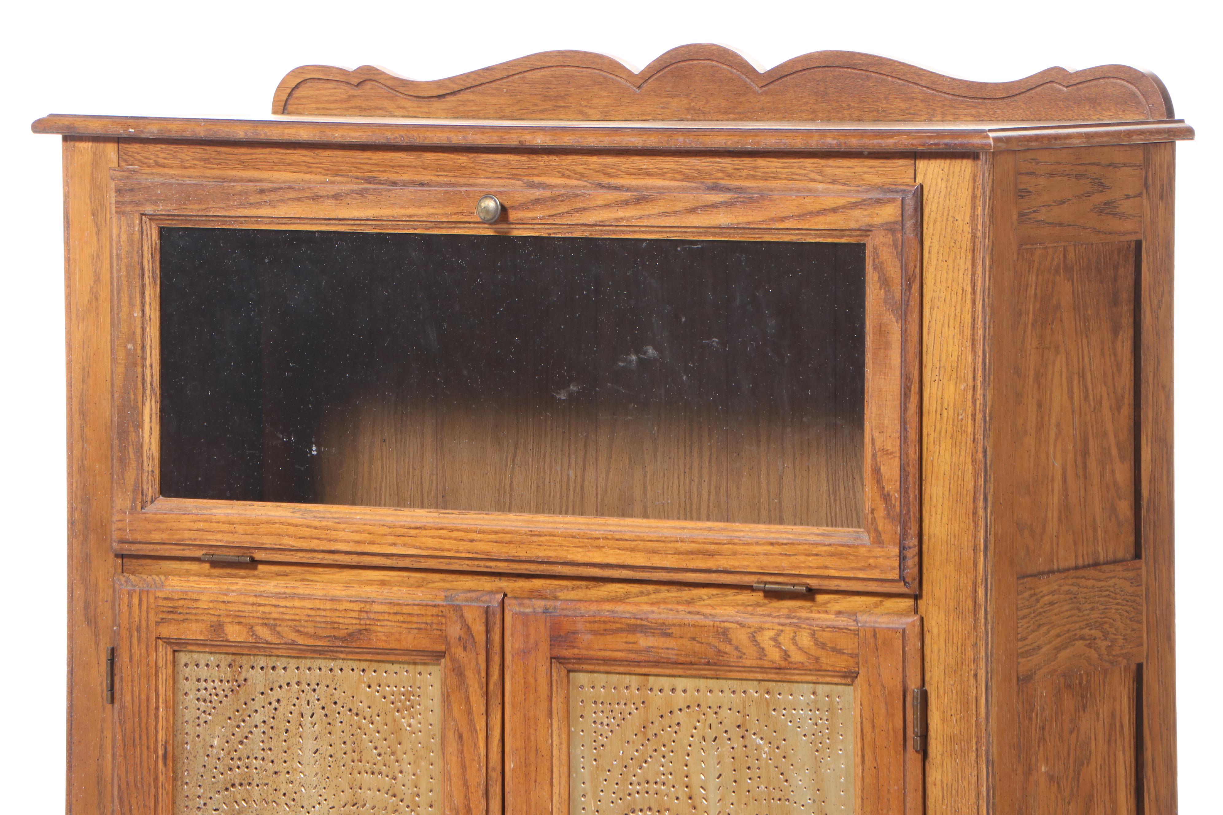 American Primitive Style Oak Pie Safe/Display Cabinet, 1970s