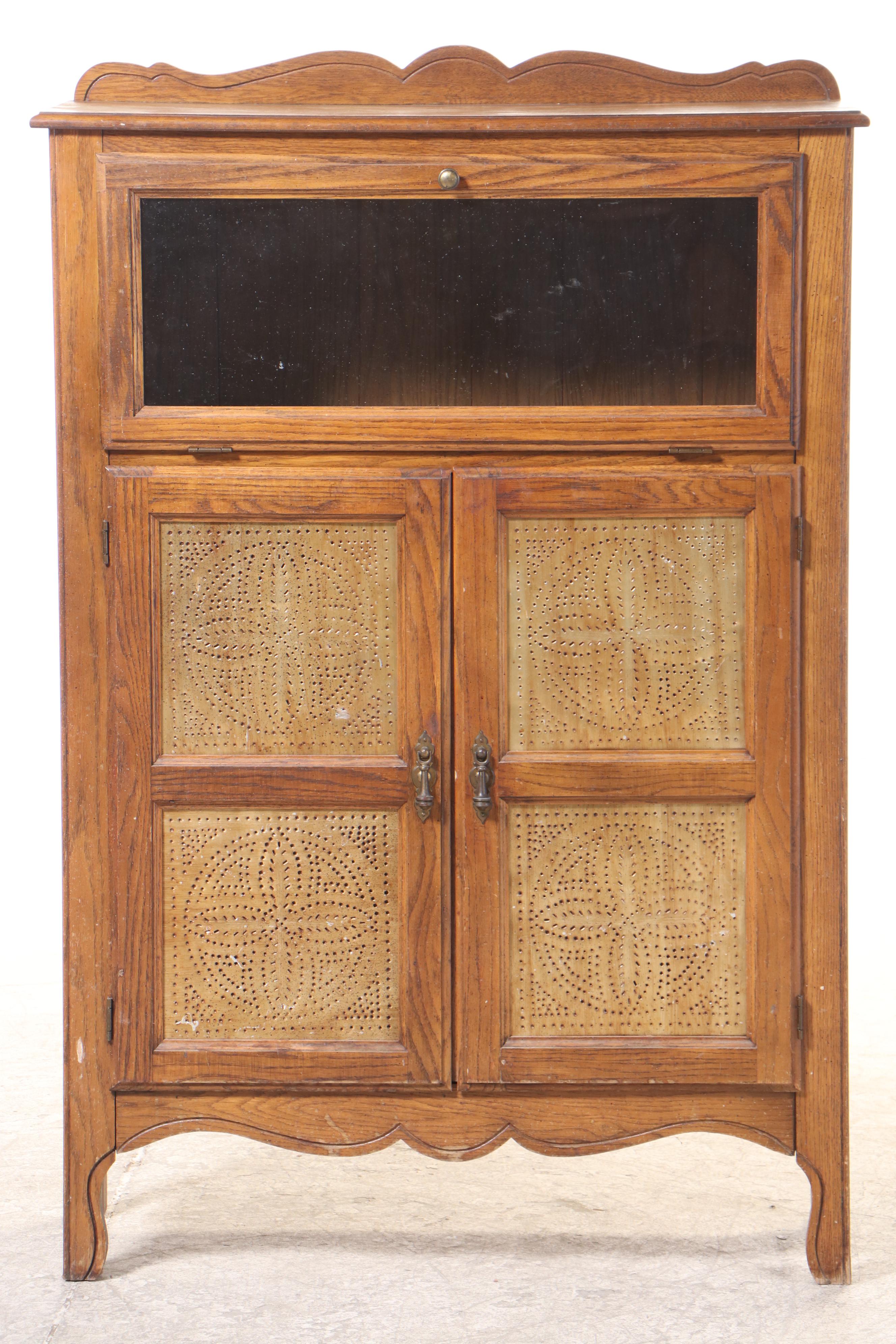 American Primitive Style Oak Pie Safe/Display Cabinet, 1970s