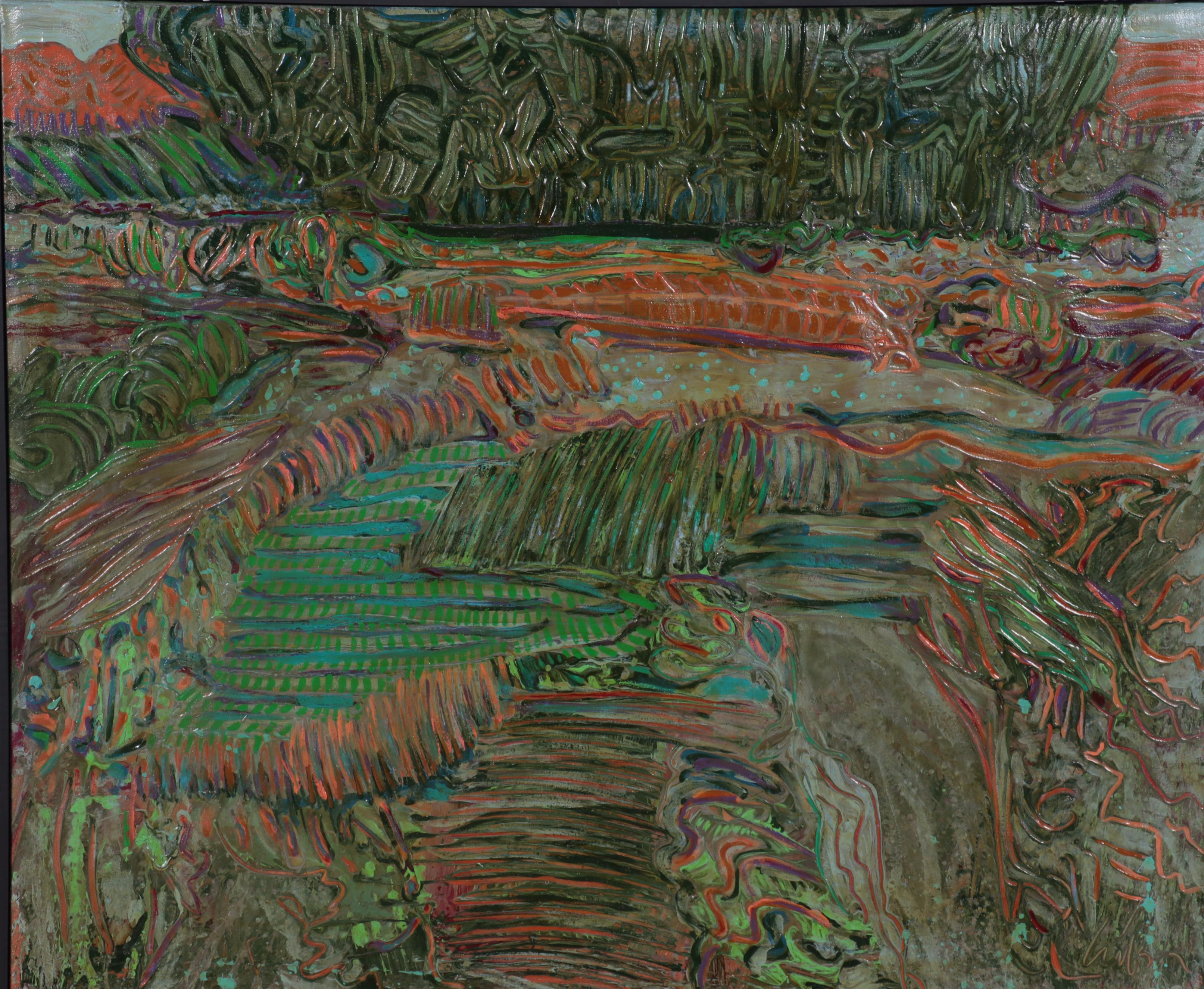 Harry Hilson Large-Scale Abstract Mixed Media Landscape Painting, Circa 1980