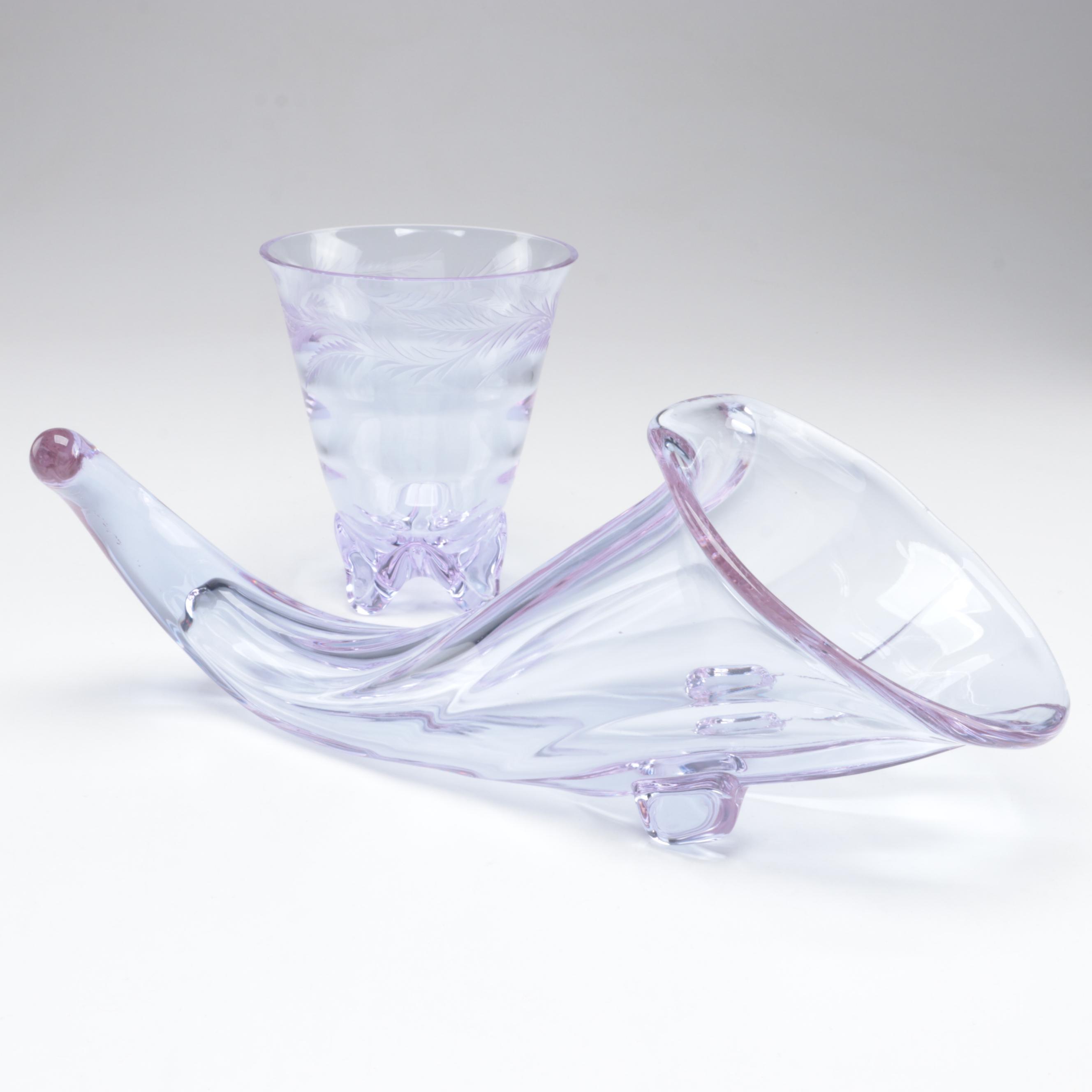 Tiffin "Twilight Glass" Cornucopia and Etched Glass Vase