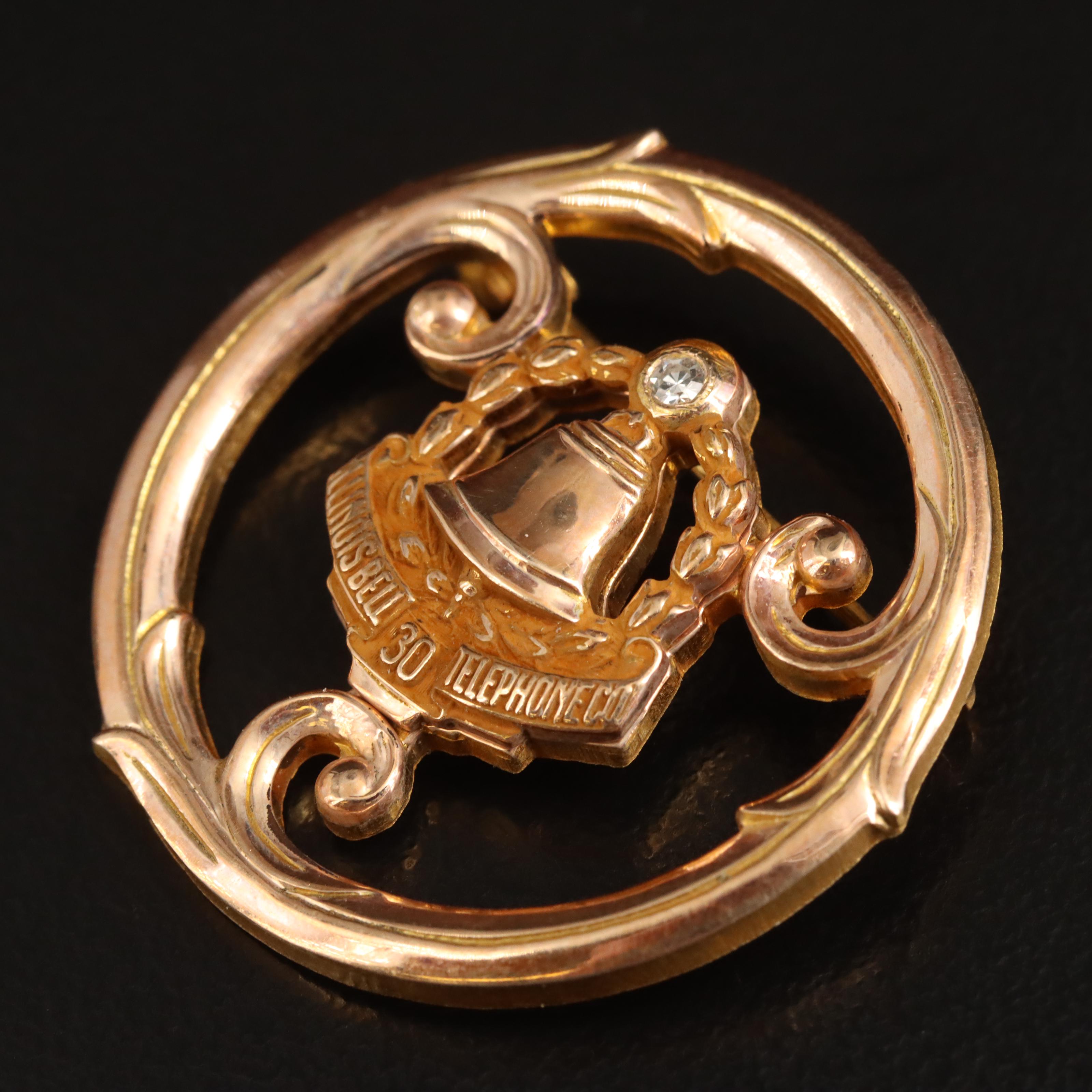 Gold-Filled Diamond Illinois Telephone Co. 30 Years Brooch