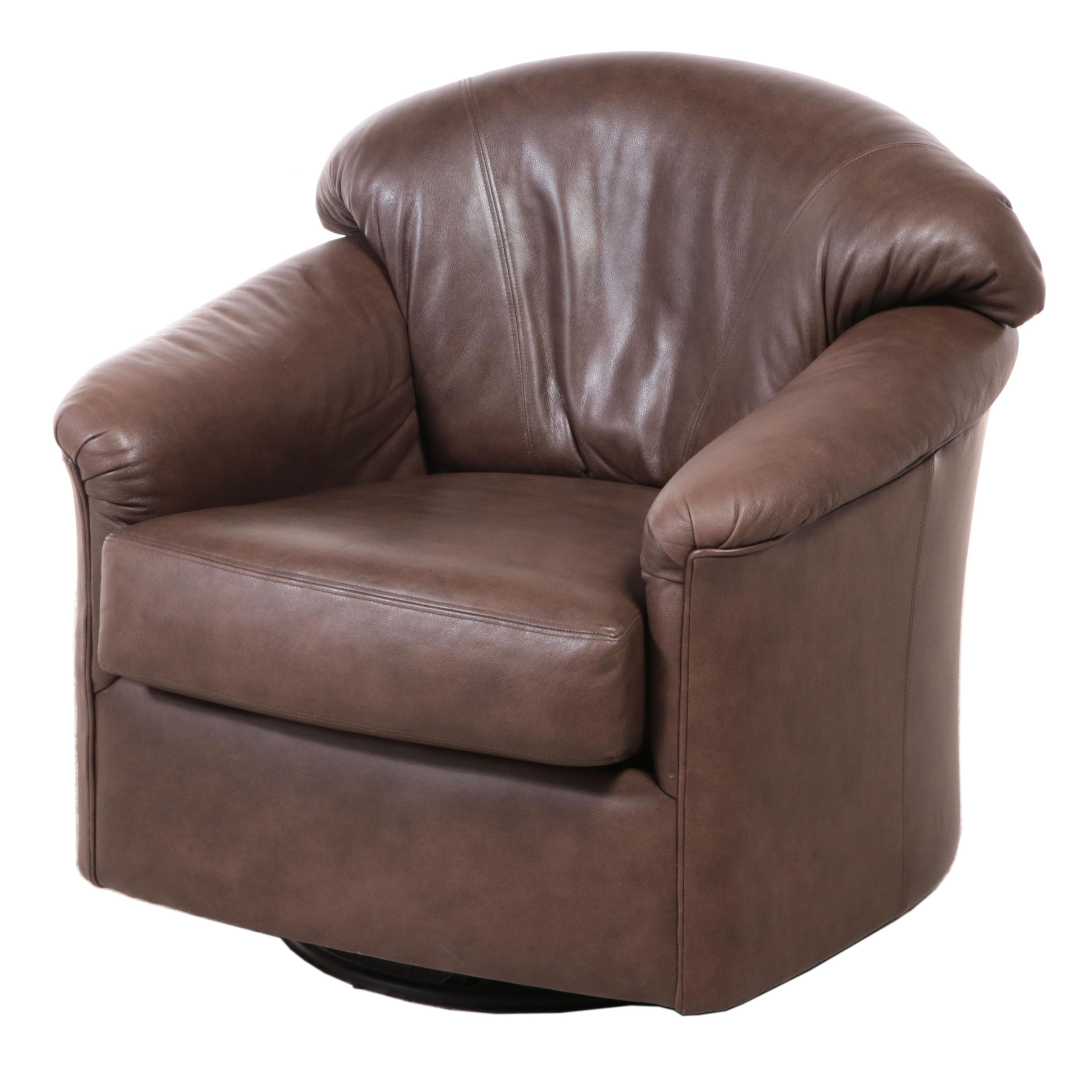 Contemporary Brown Leather Upholstered Swivel Rocker Lounge Chair