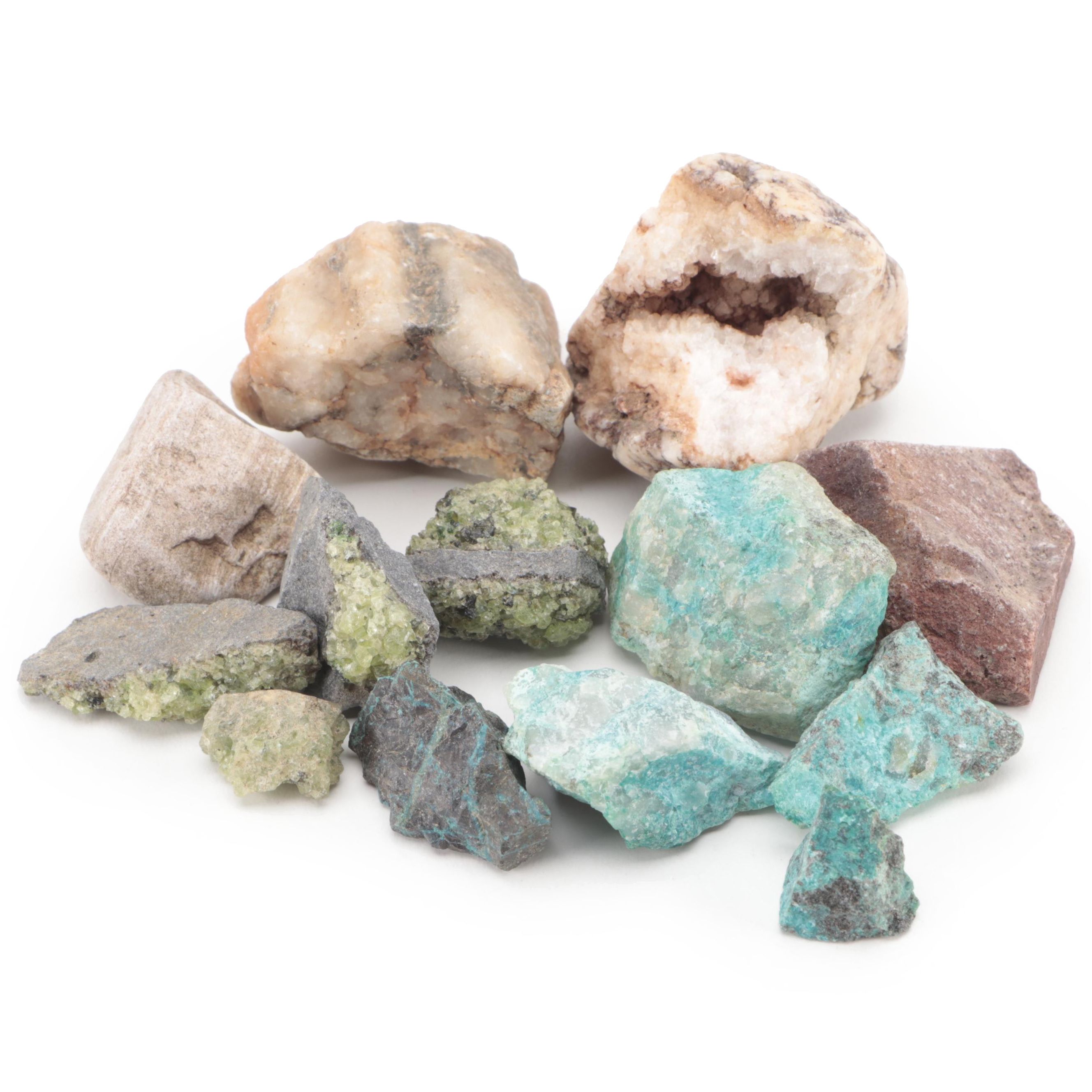 Rough Peridotite, Chrysocolla, Quartz and Other Mineral Specimens