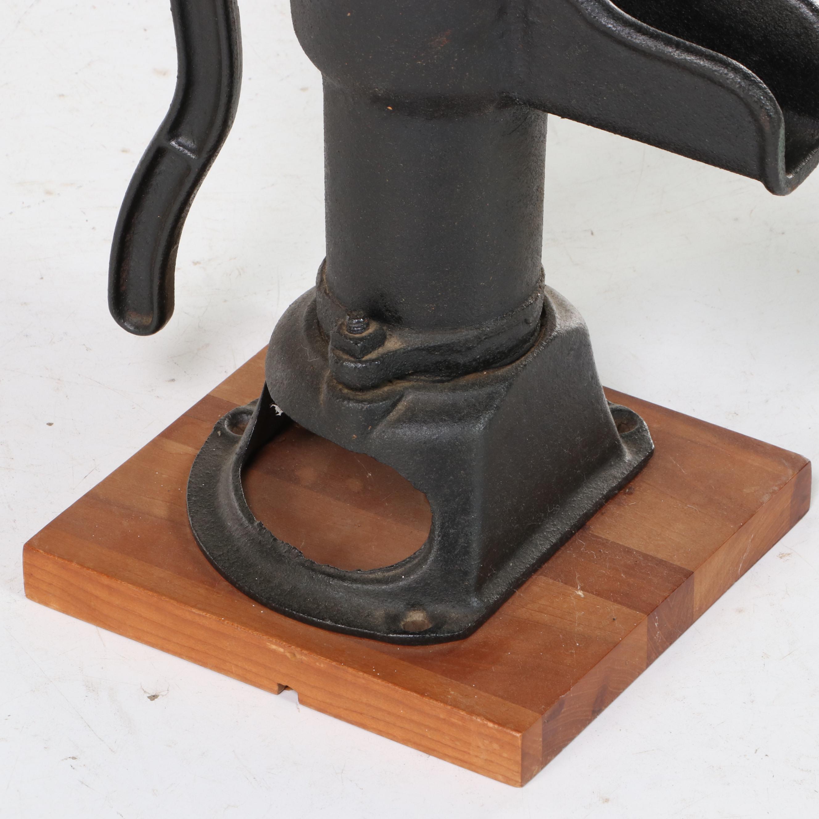 W.L. Davey Pump Corp. Cast Iron Water Hand Pump on Later Cherrywood Base