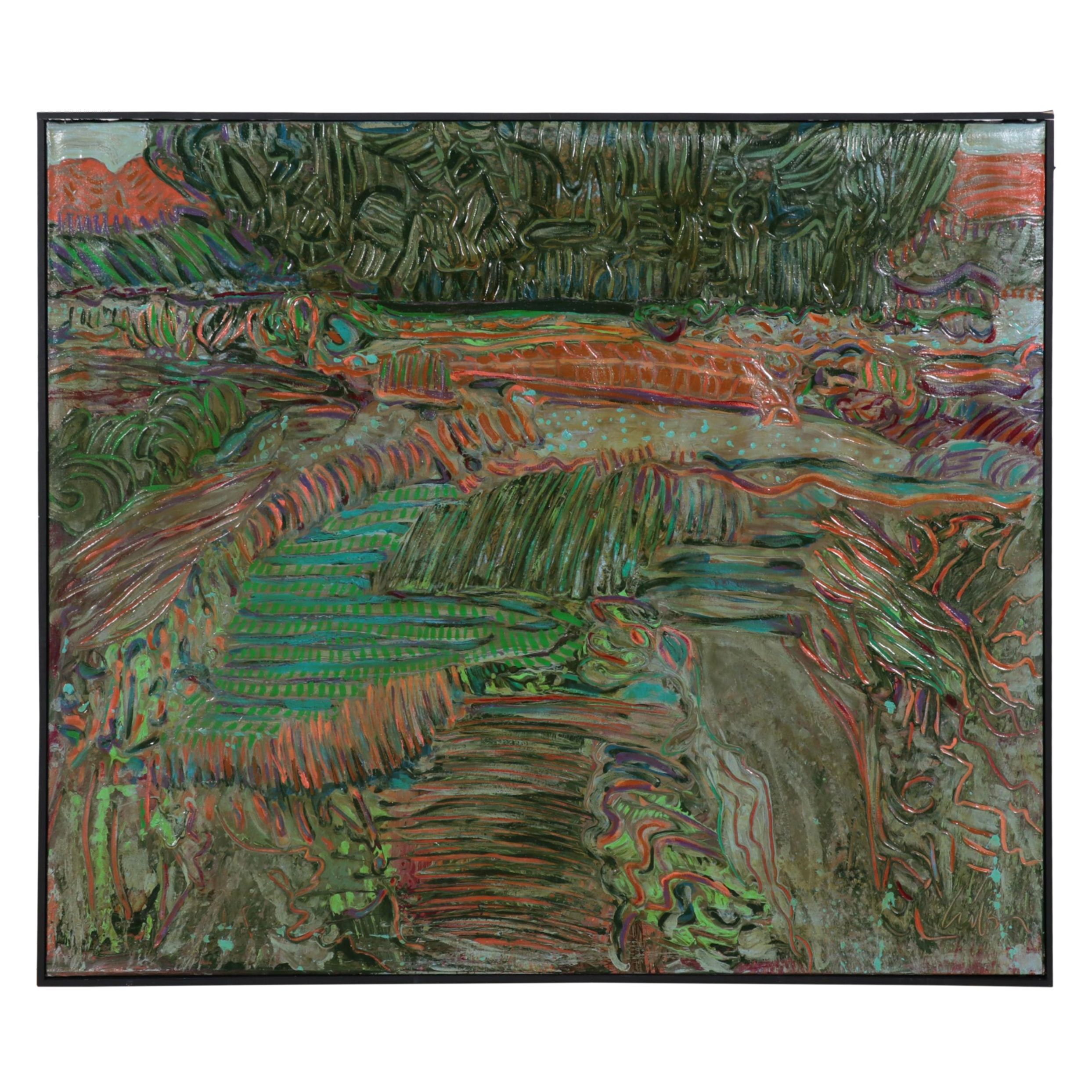 Harry Hilson Large-Scale Abstract Mixed Media Landscape Painting, Circa 1980