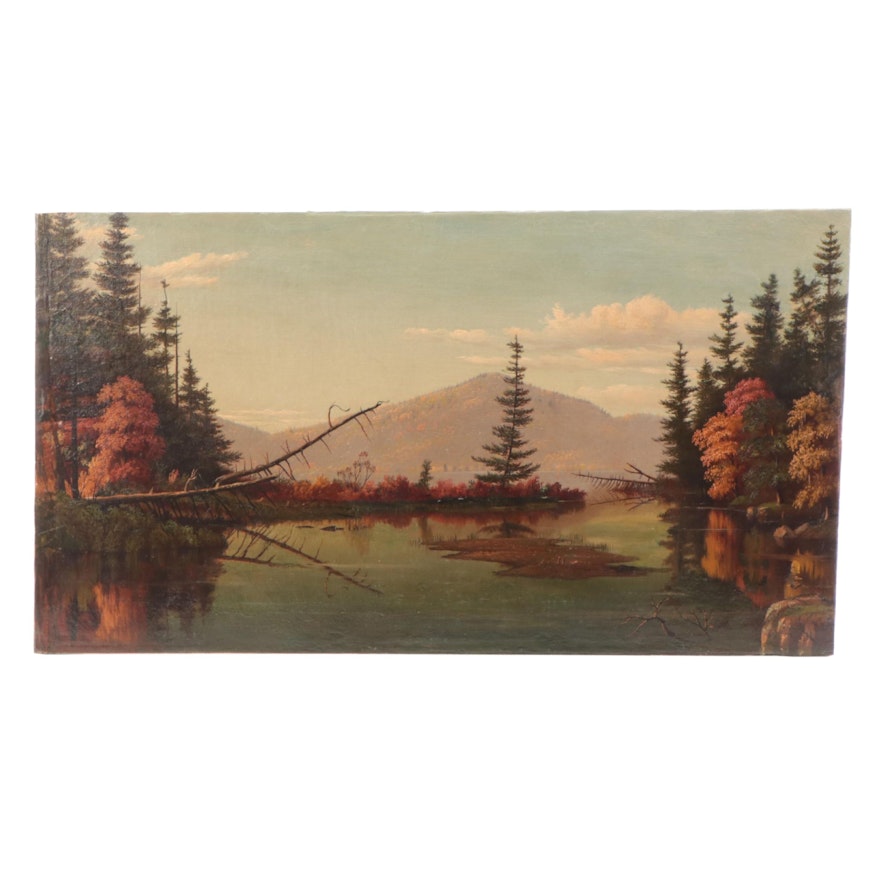 Hudson River School Autumnal Landscape Oil Painting of Lake