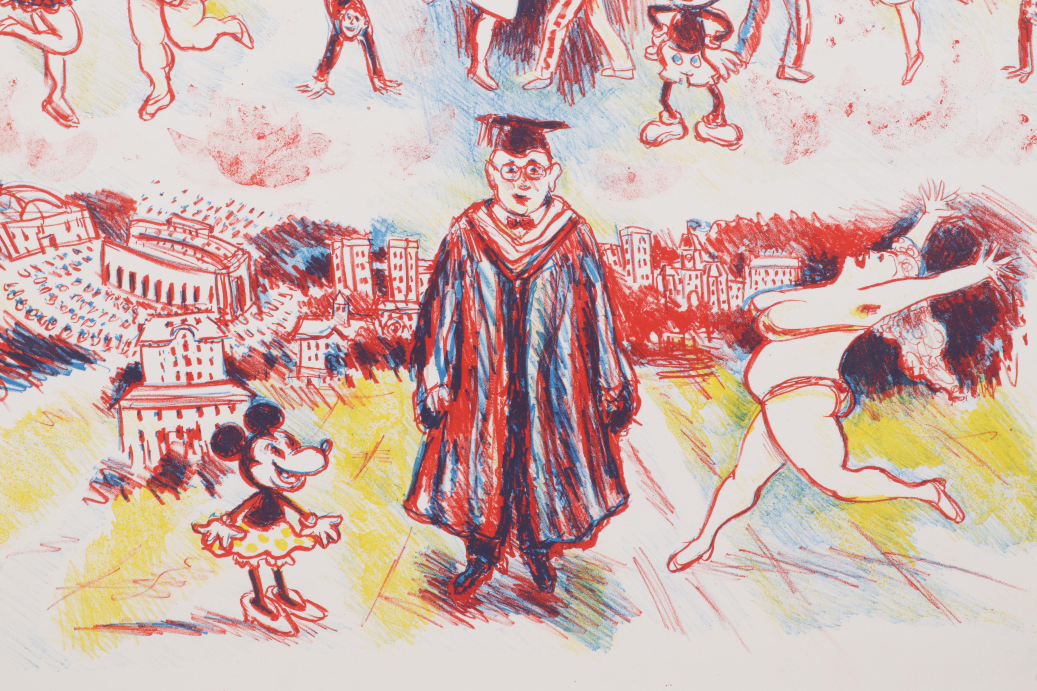 Sidney Chafetz Color Lithograph of Professor, Cheerleaders and Mickey Mouse