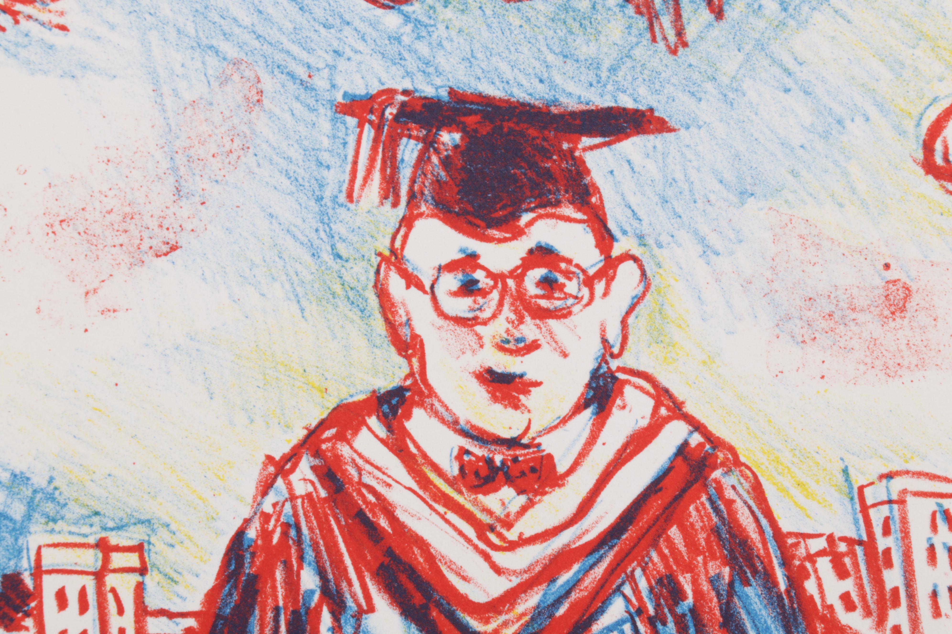 Sidney Chafetz Color Lithograph of Professor, Cheerleaders and Mickey Mouse