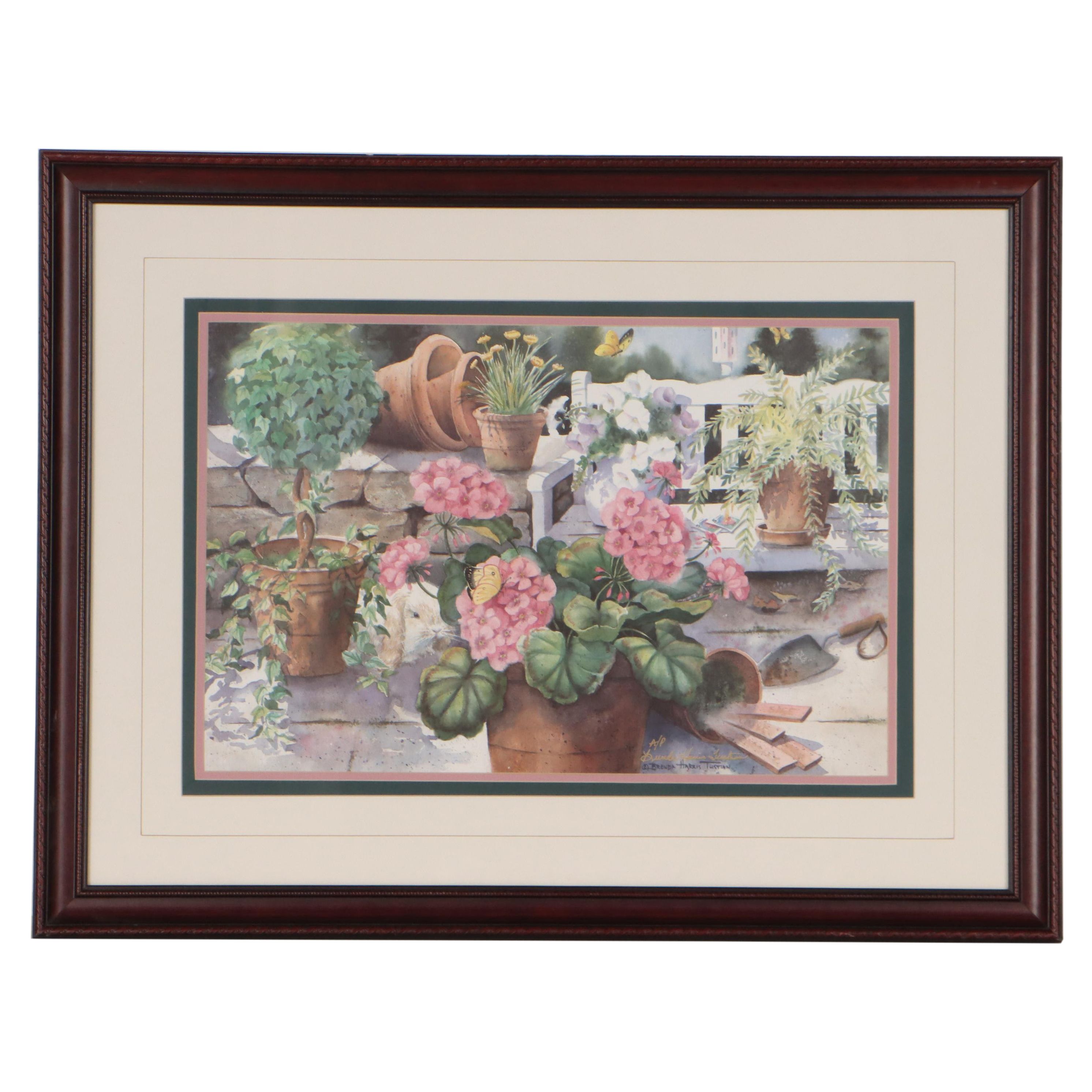 Brenda Harris Tustian Offset Lithograph of Garden Scene