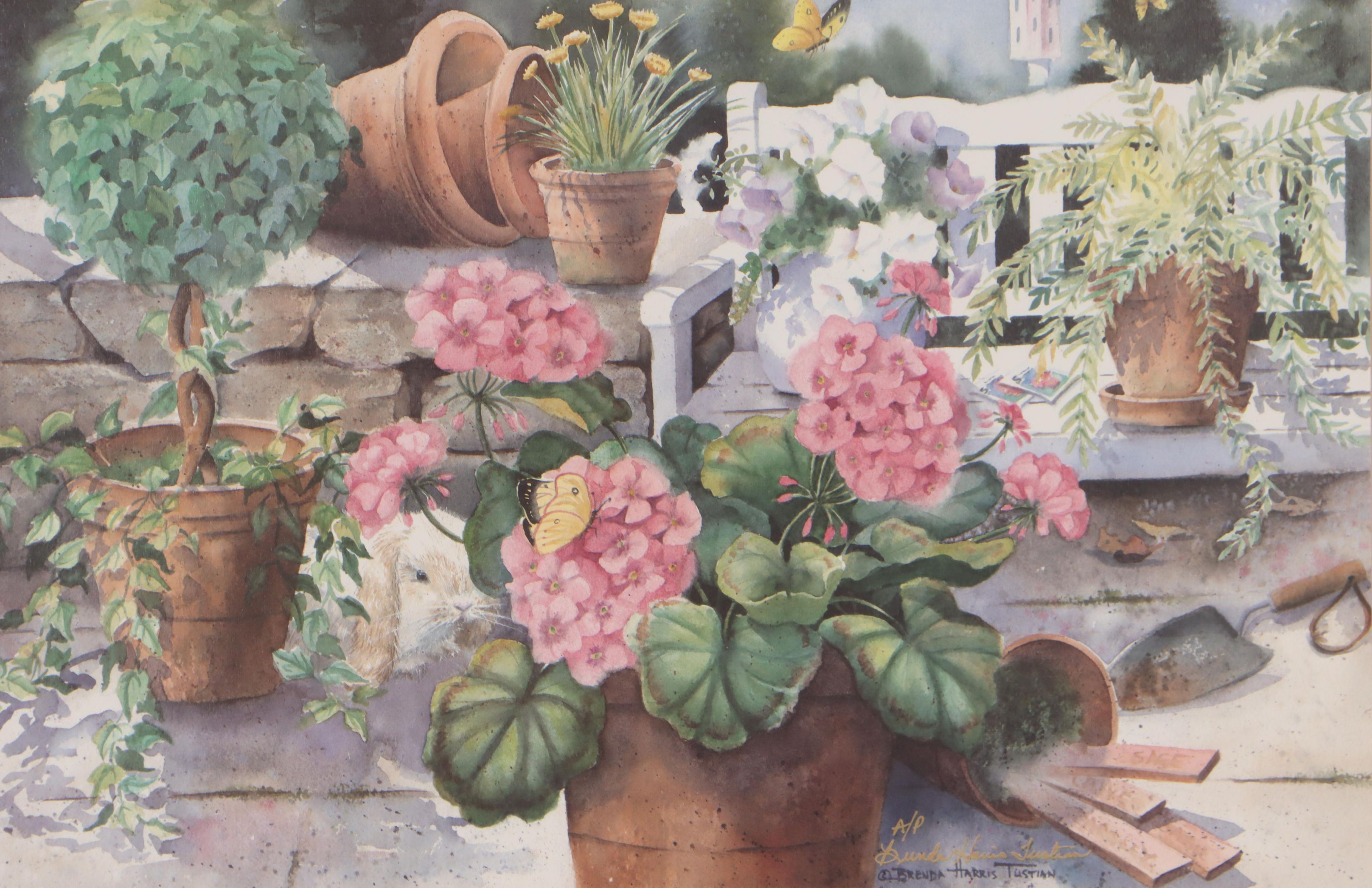 Brenda Harris Tustian Offset Lithograph of Garden Scene