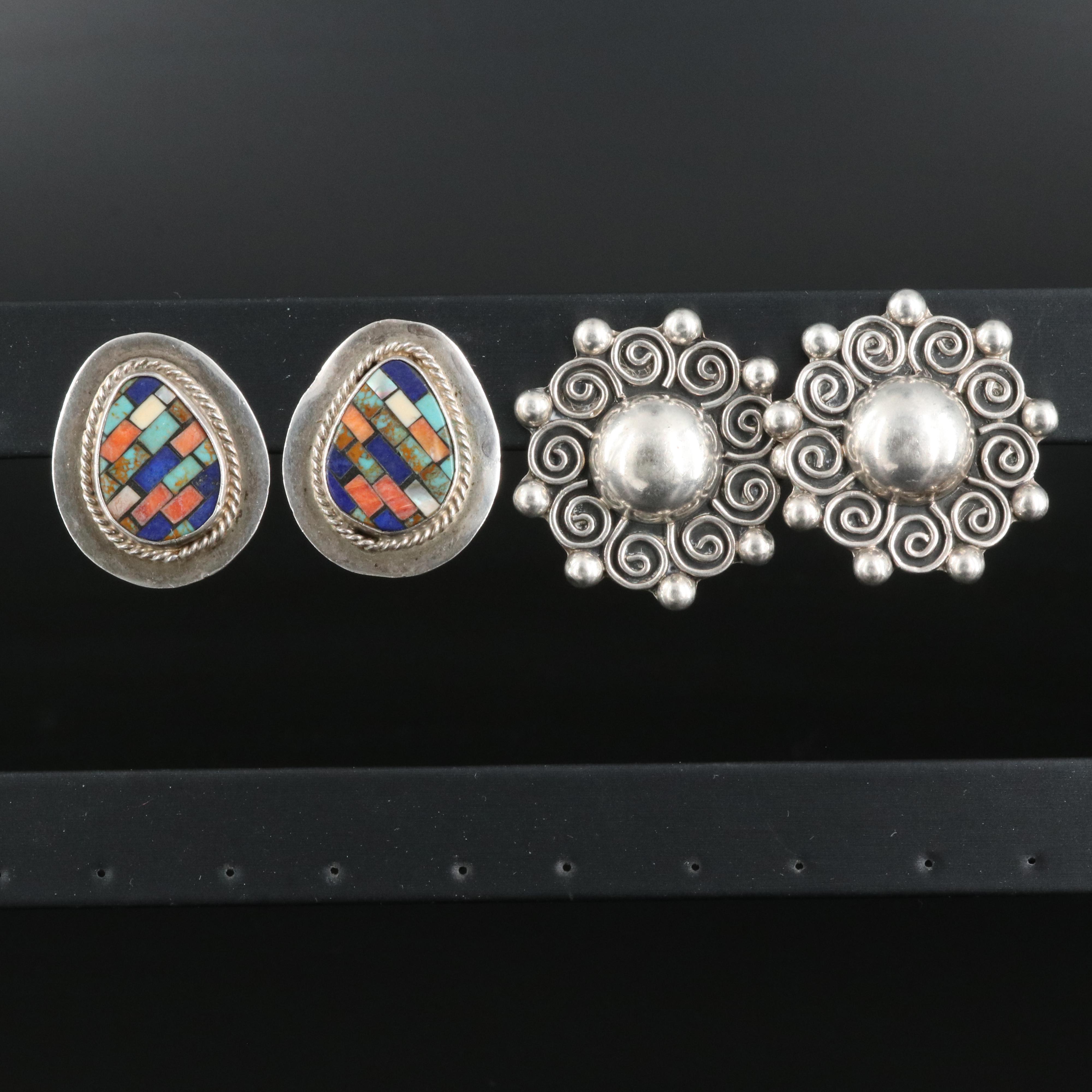 Taxco Sterling Earrings Including Lapis Lazuli, Coral and Mother-of-Pearl