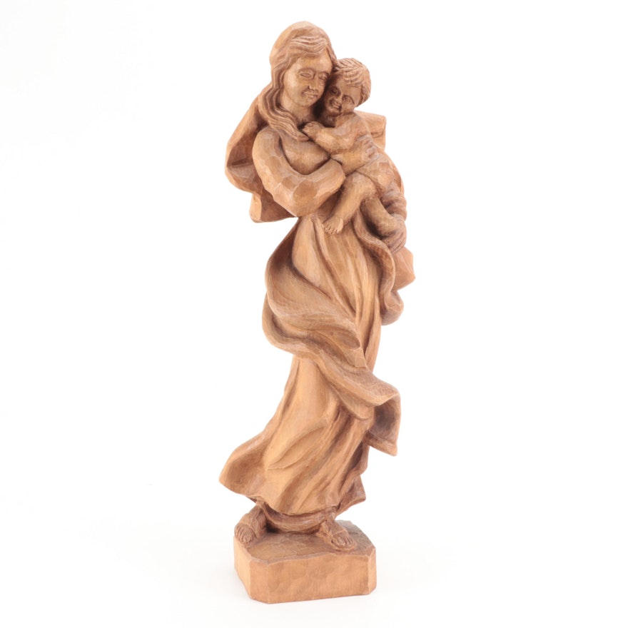 Baroque Style Carved Wood Sculpture of Madonna and Child