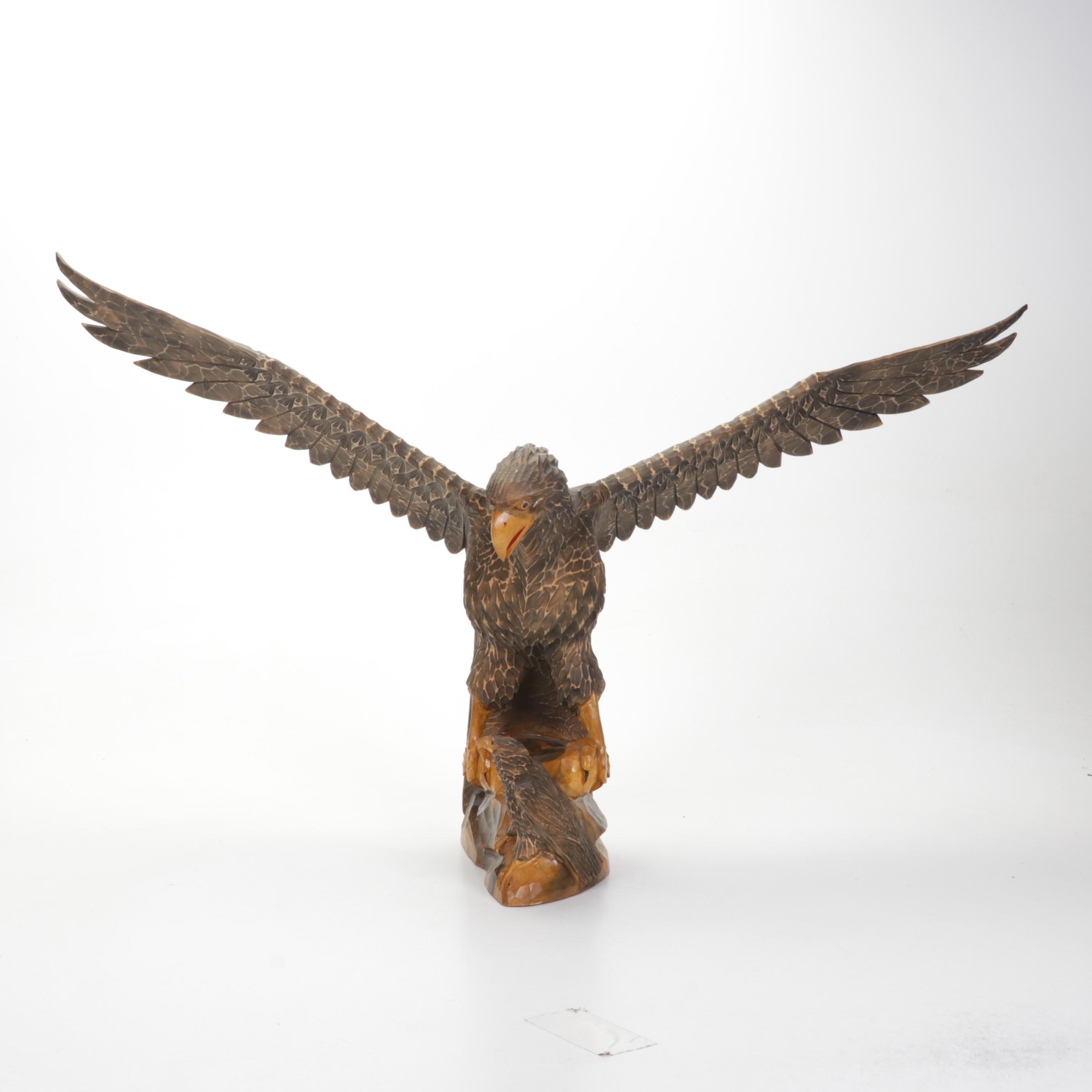 Hand-Carved Wood Eagle and Chick Sculpture, Mid-Late 20th Century