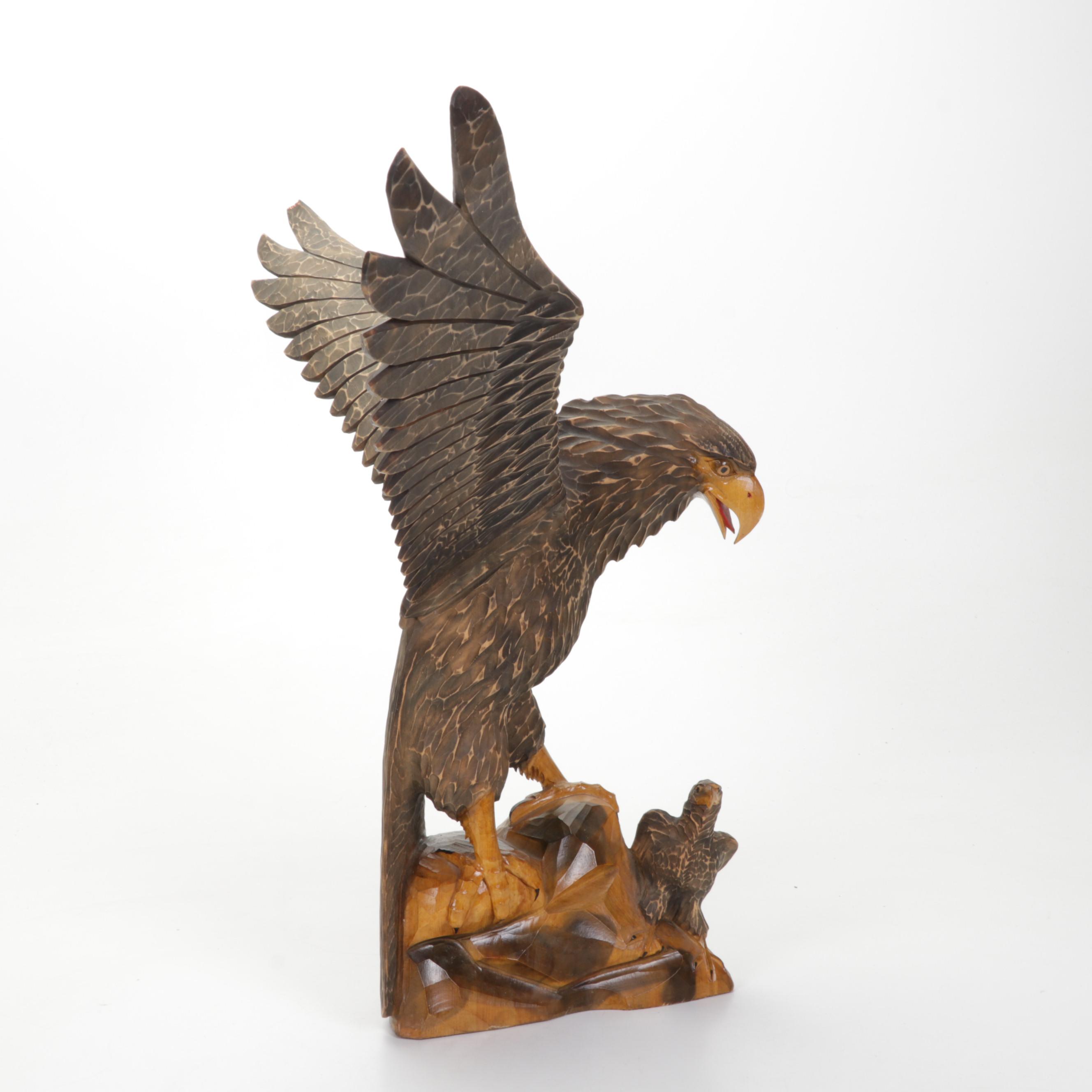 Hand-Carved Wood Eagle and Chick Sculpture, Mid-Late 20th Century