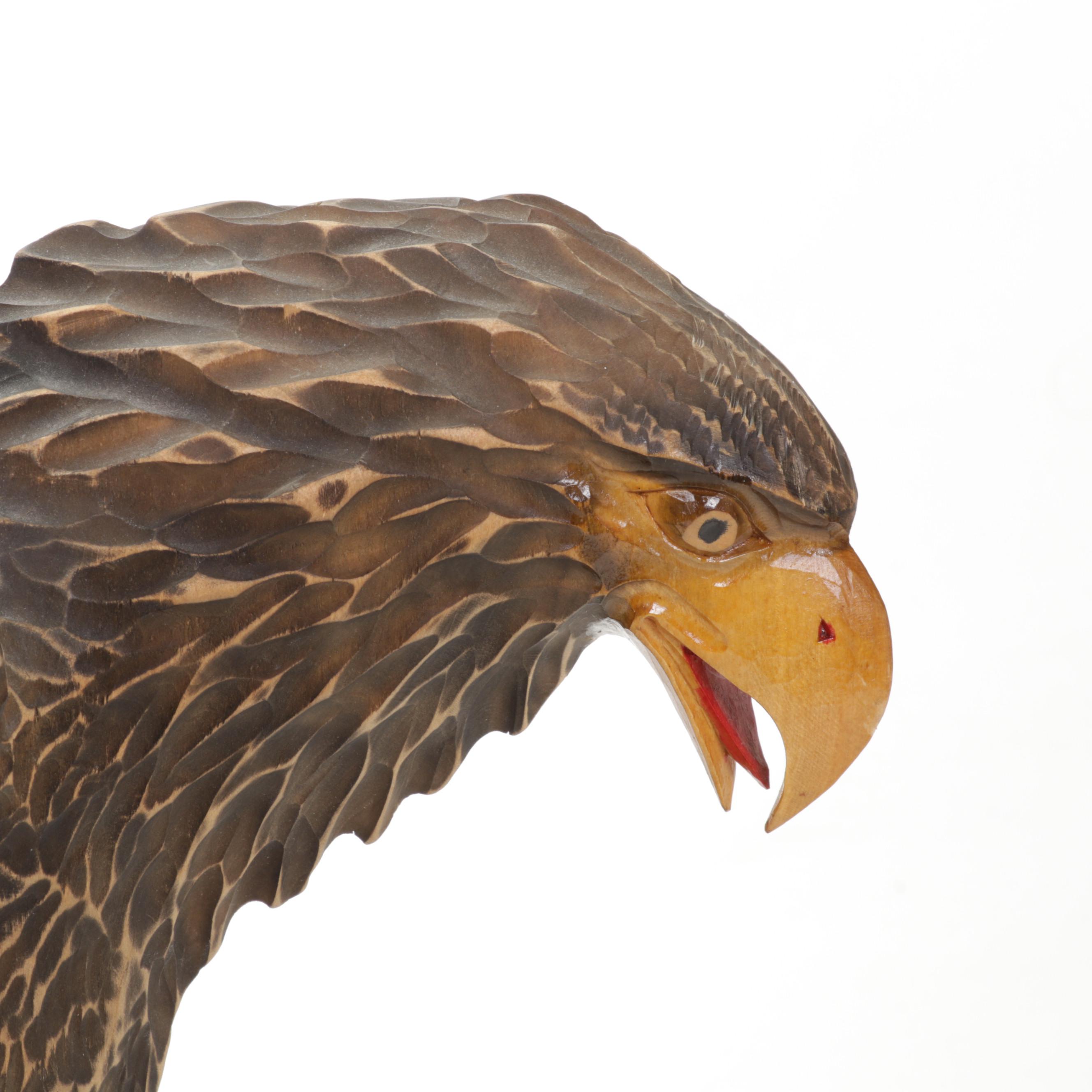 Hand-Carved Wood Eagle and Chick Sculpture, Mid-Late 20th Century