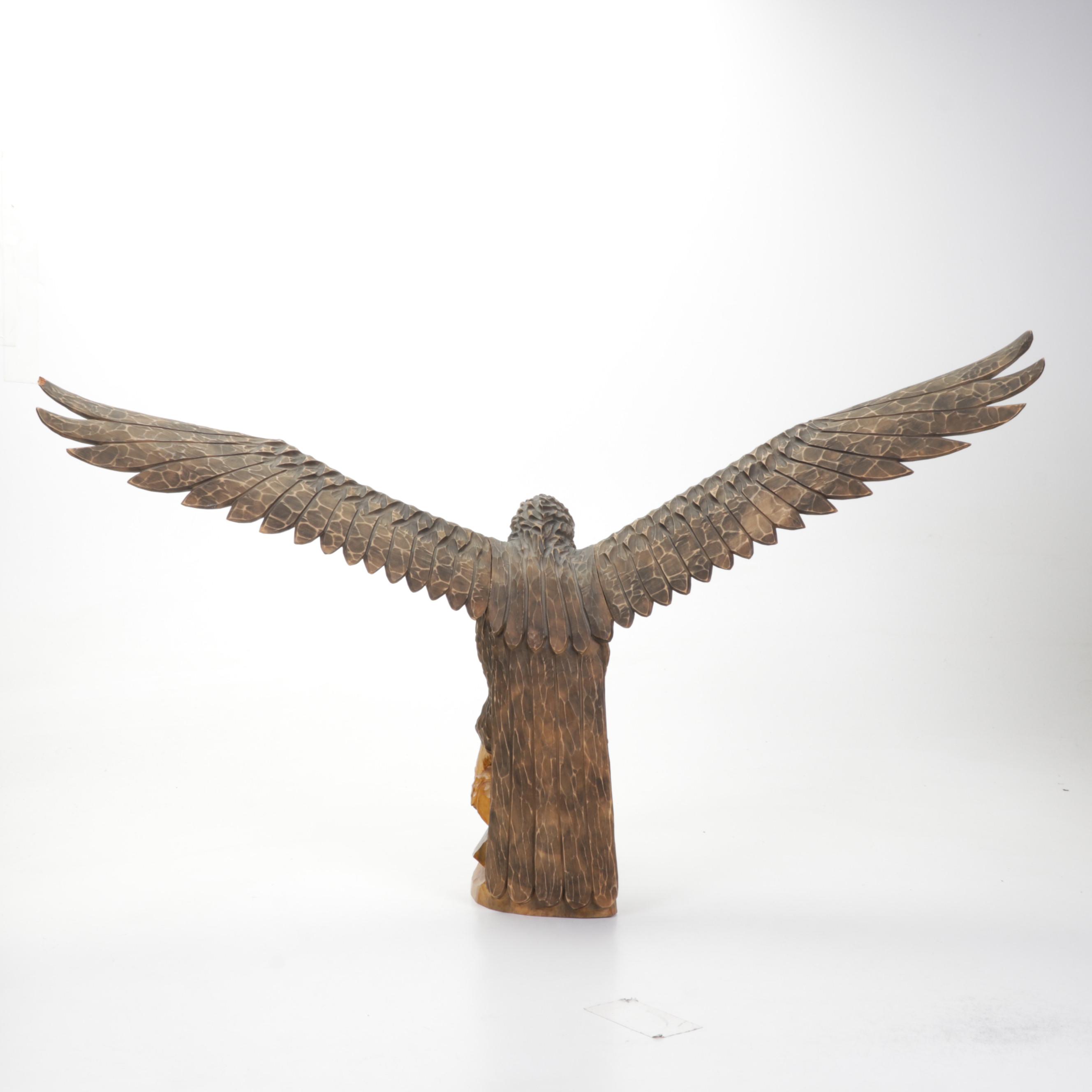 Hand-Carved Wood Eagle and Chick Sculpture, Mid-Late 20th Century