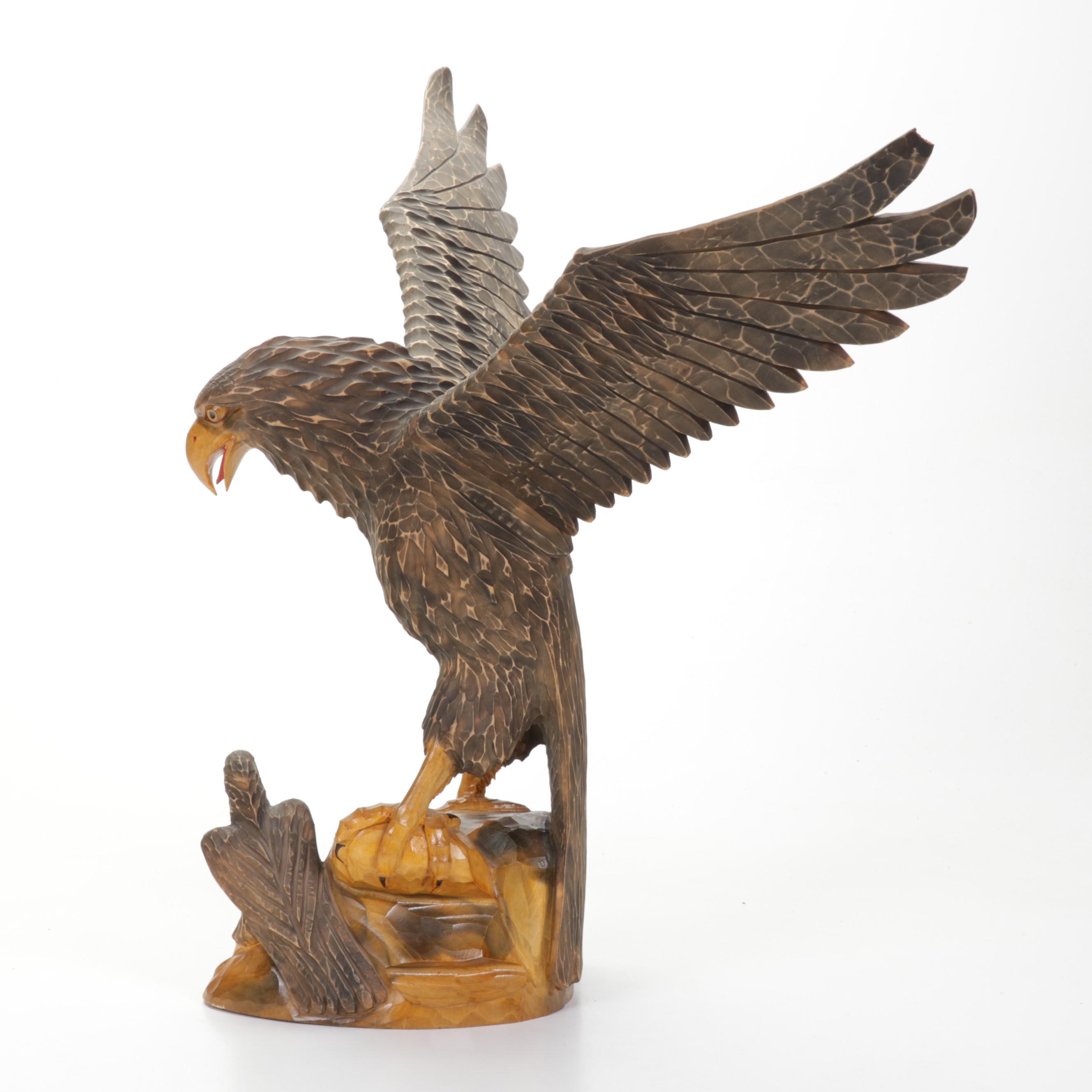Hand-Carved Wood Eagle and Chick Sculpture, Mid-Late 20th Century